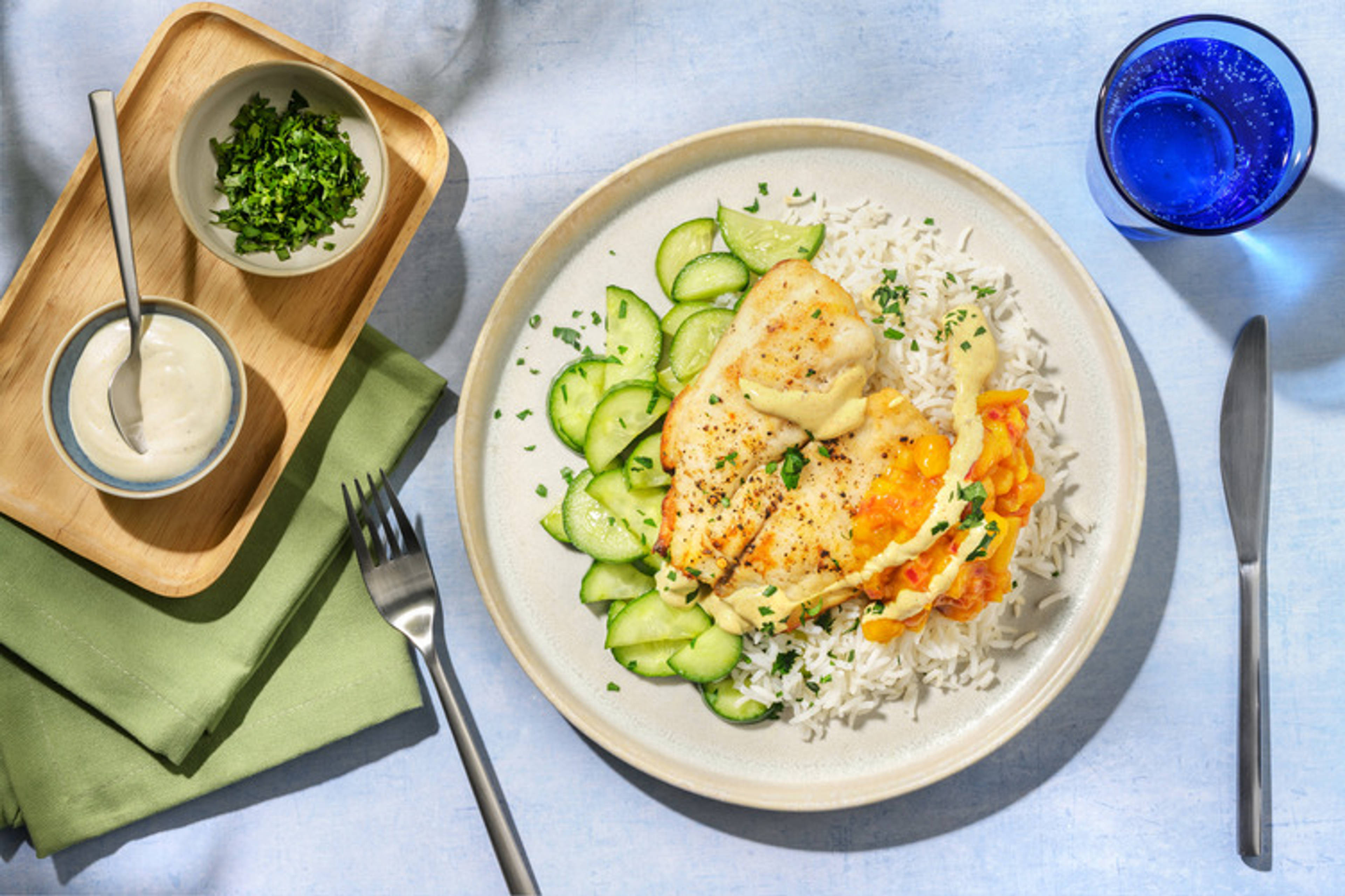 Lieu doré, chutney de mangue maison & riz