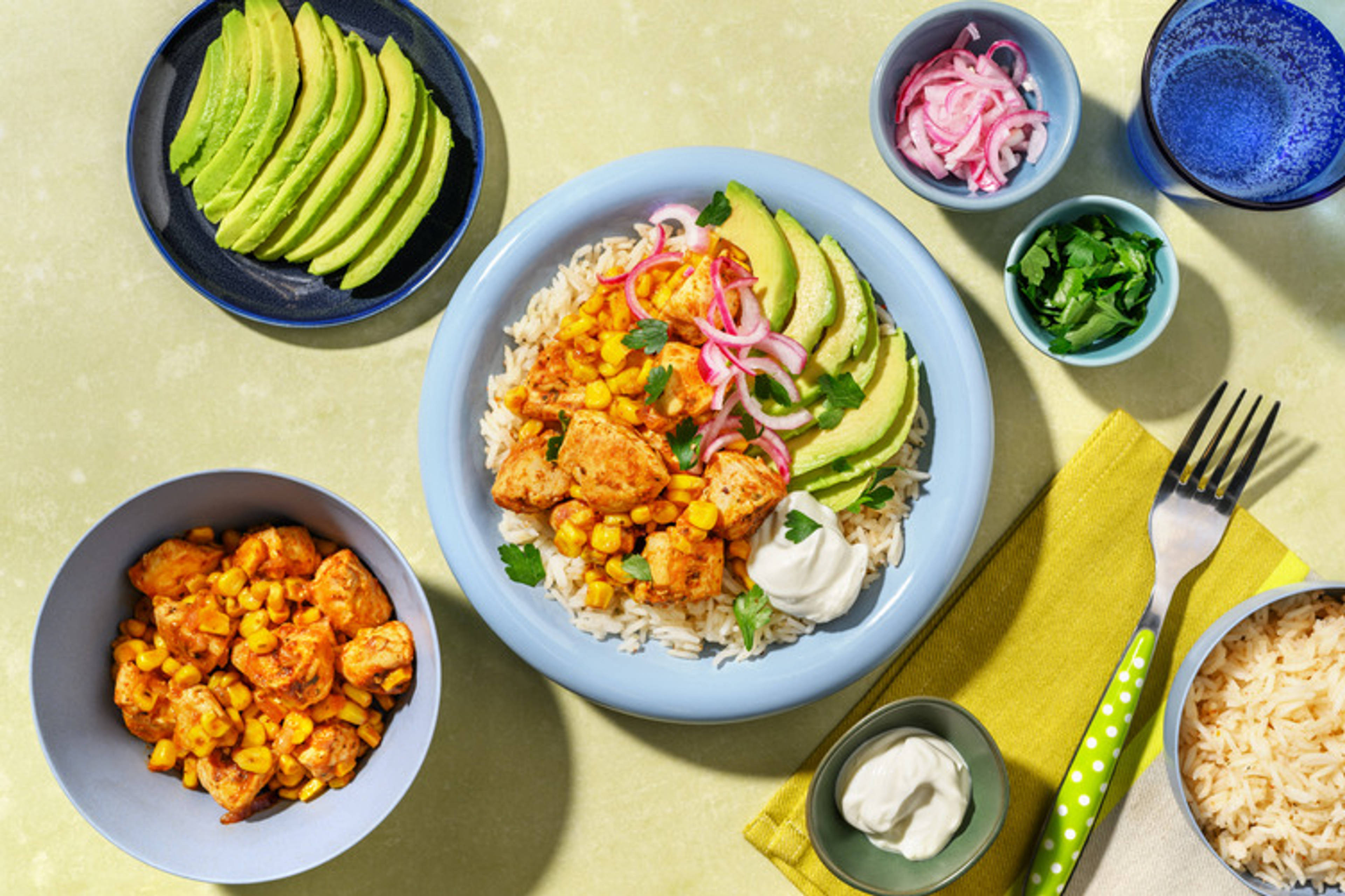 Burrito bowl tex-mex épicé au poulet