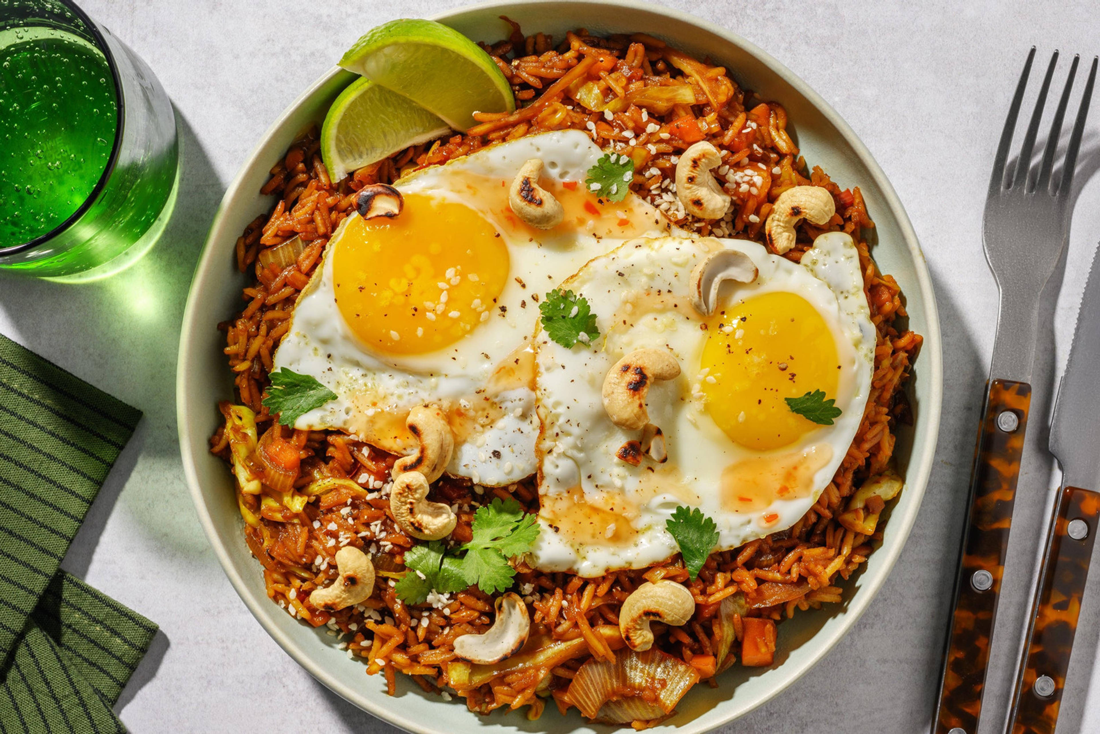 Curry-rijstbowl met zoete-pikante chilisaus en spiegelei
