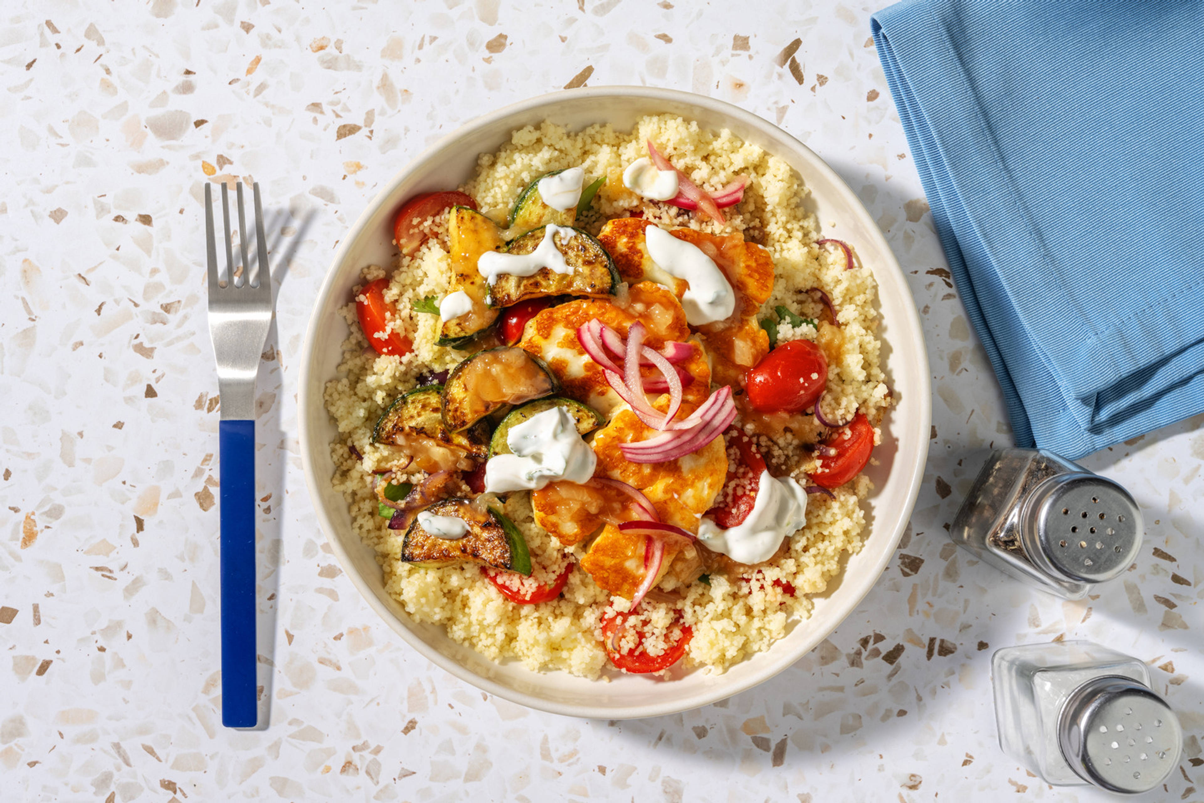 Chermoula Halloumi & Charred Courgette on Couscous 