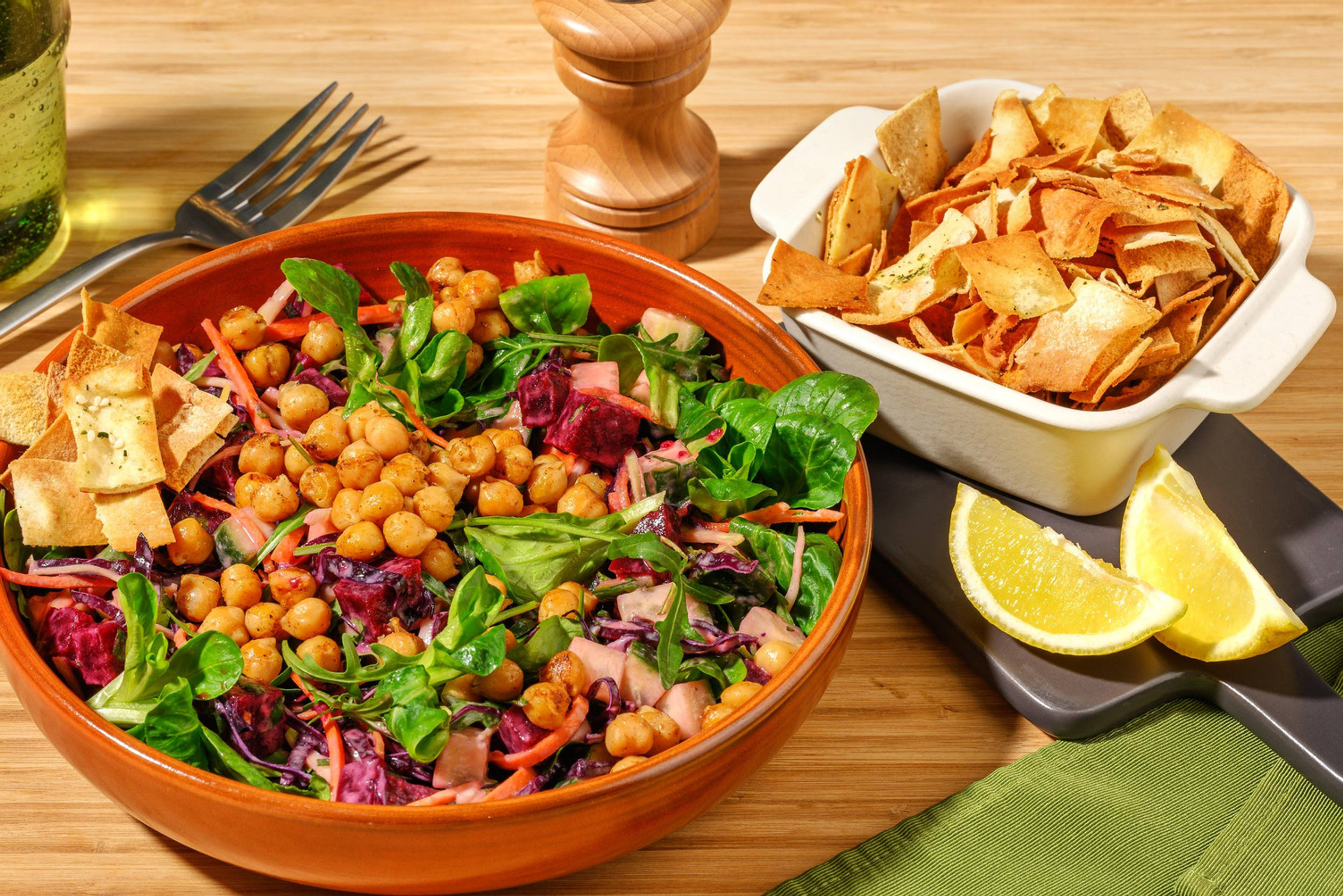 Chickpea Salad with Za'atar Flatbread Chips & Fresh Herbs