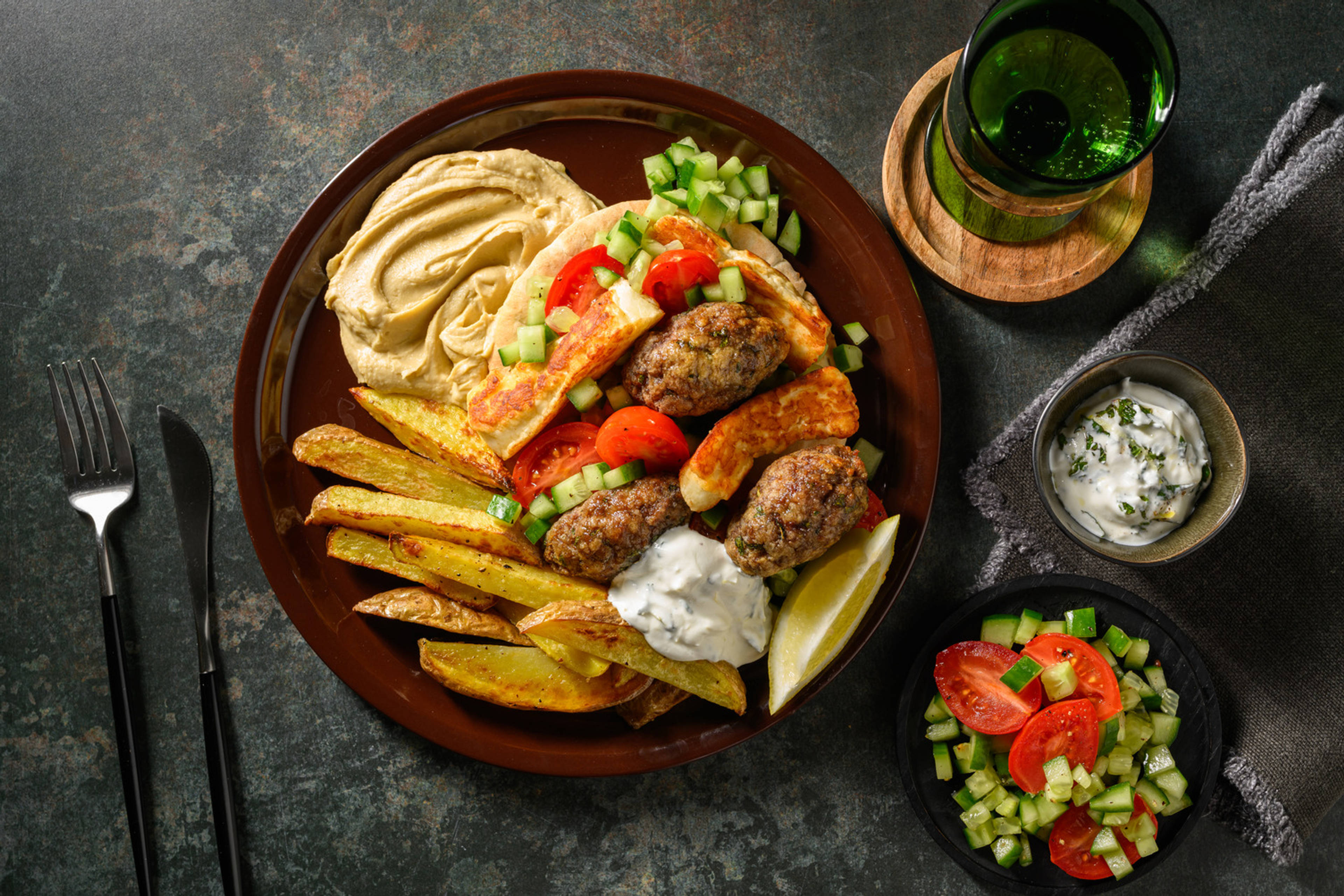 Greek Inspired Beef Kofta, Halloumi & Houmous Gyros and Chips