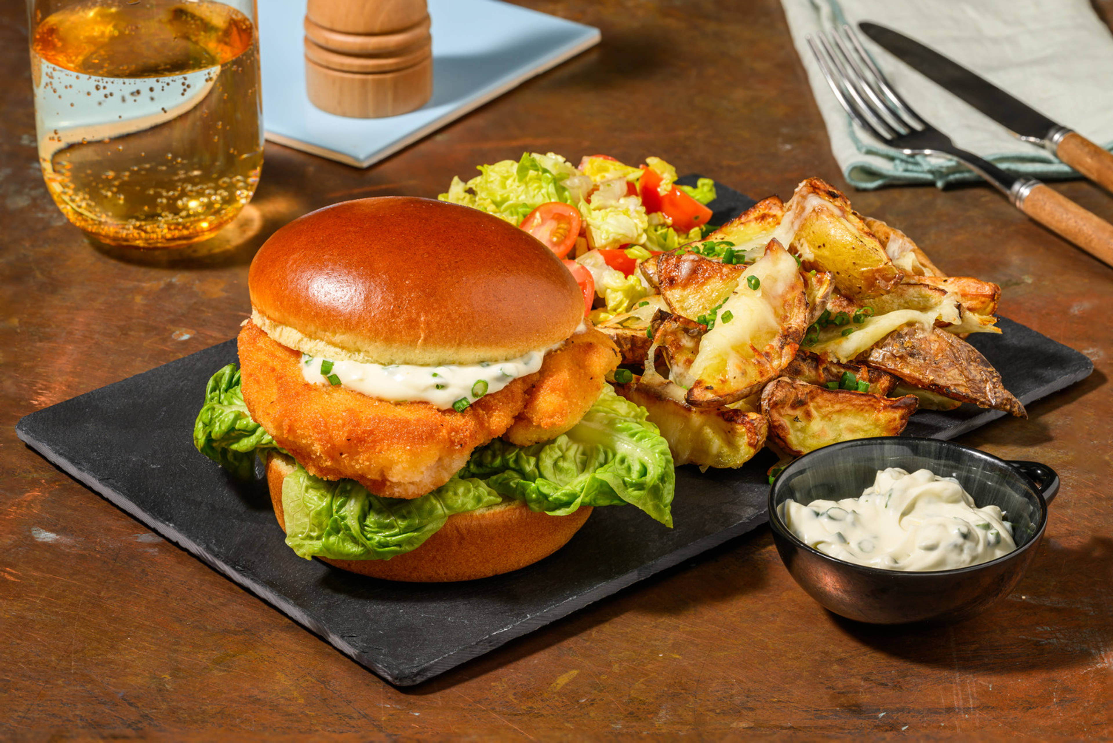 Fried Chicken Burger and Cheesy Wedges