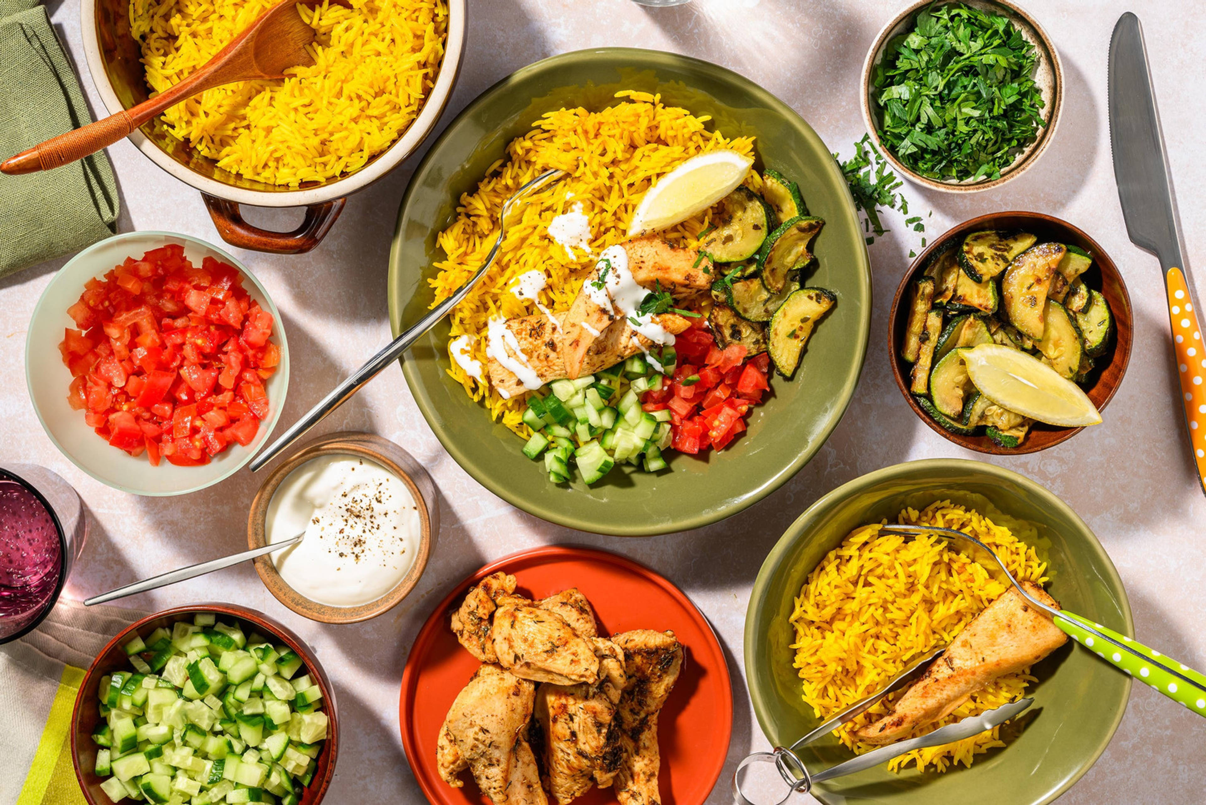 DIY Mediterranean-Style Chicken Bowl with Golden Rice