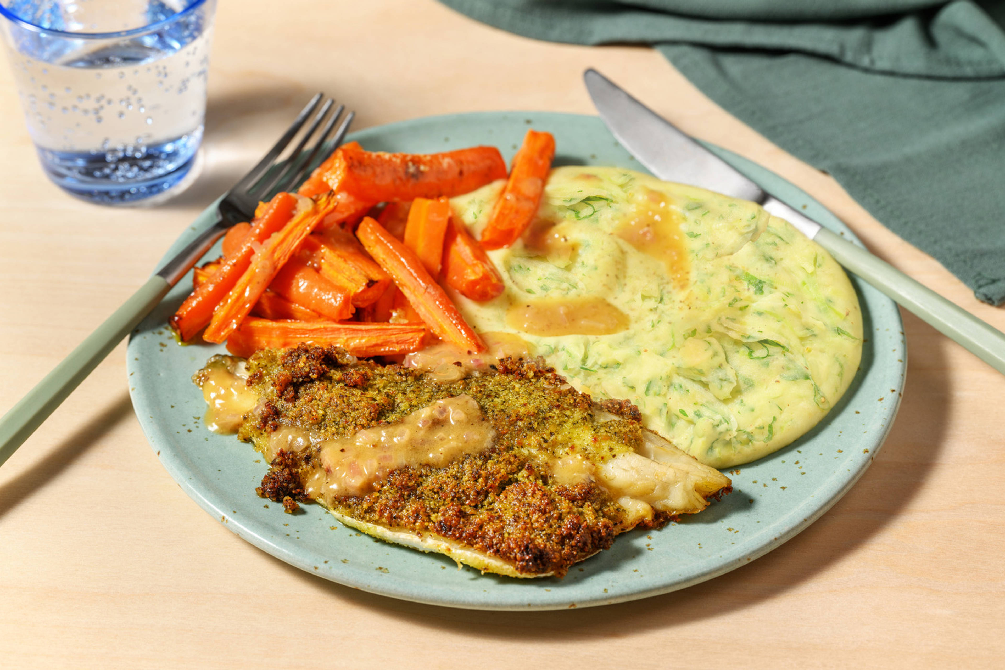 Pesto Crusted Cod and Garlic Butter Sauce