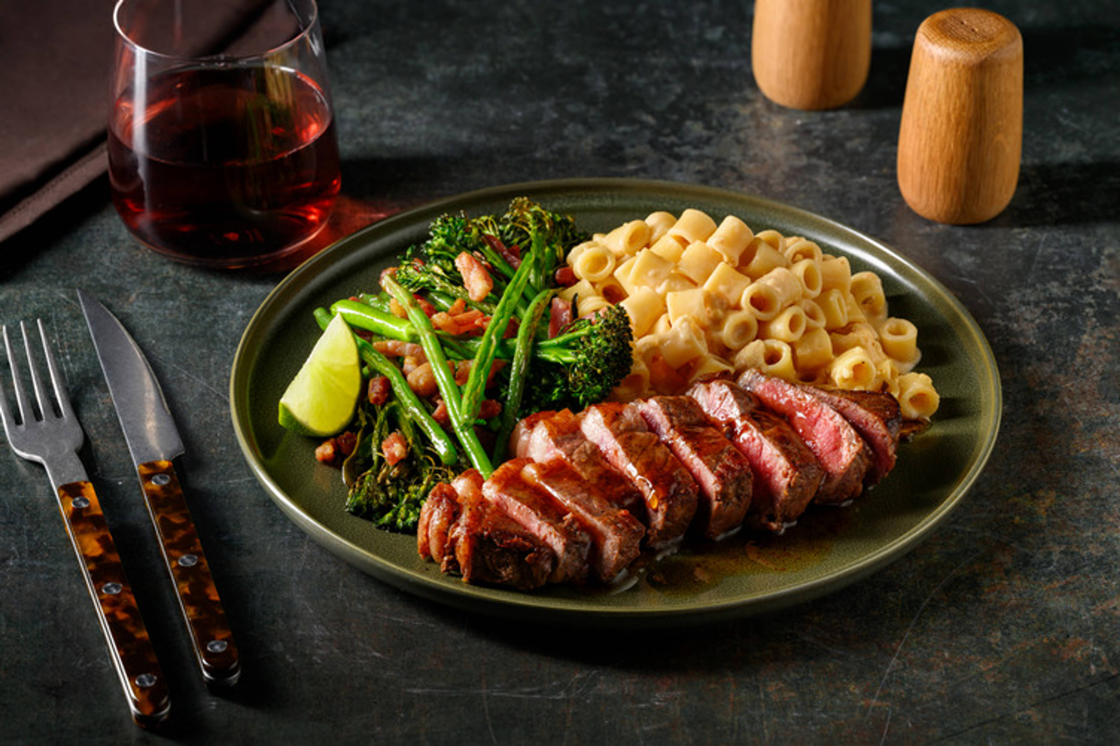 Sirloin Steak in Caribbean Style Sauce and Spiced Mac & Cheese