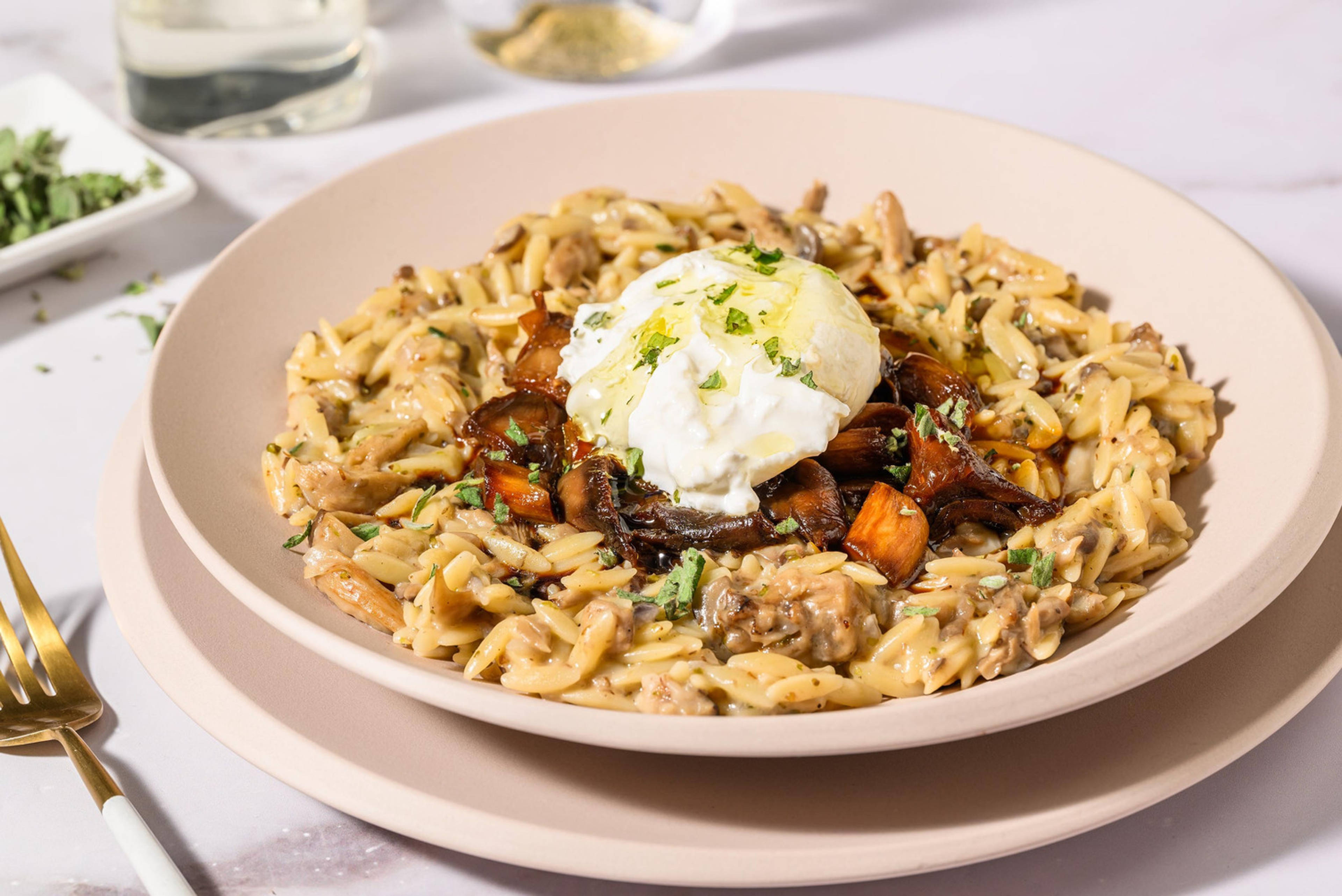 Burrata & Oyster Mushrooms over Orzotto