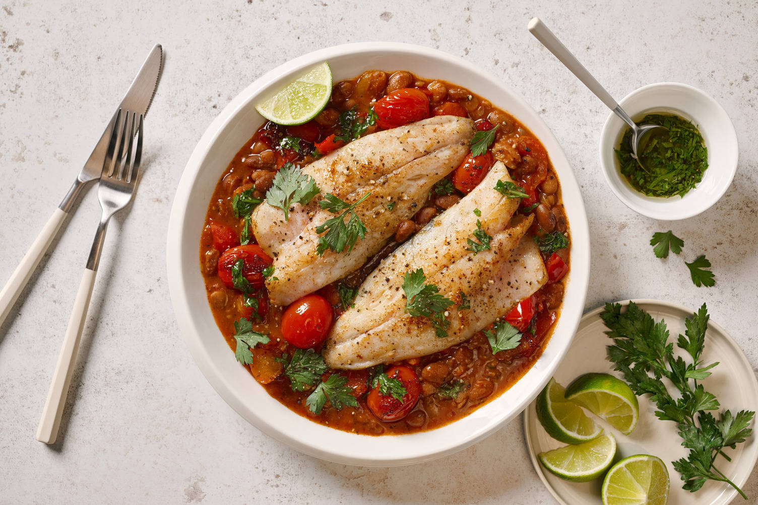 Double Baked Basa on Brazilian Style Spiced Borlotti Beans
