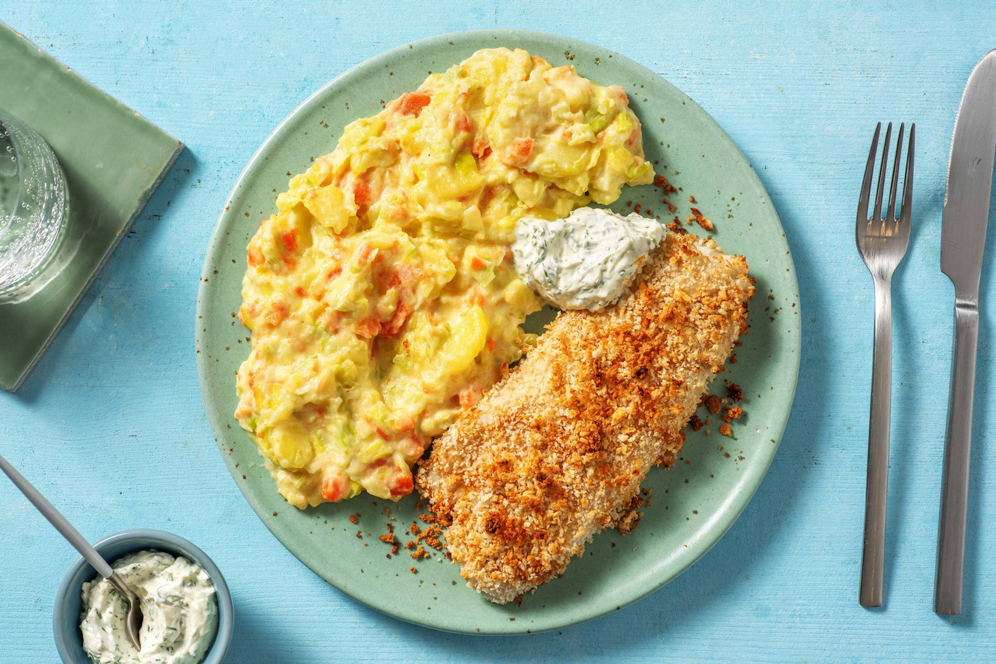 Backfisch mit buntem Gemüse-Stampf & Dill-Dip