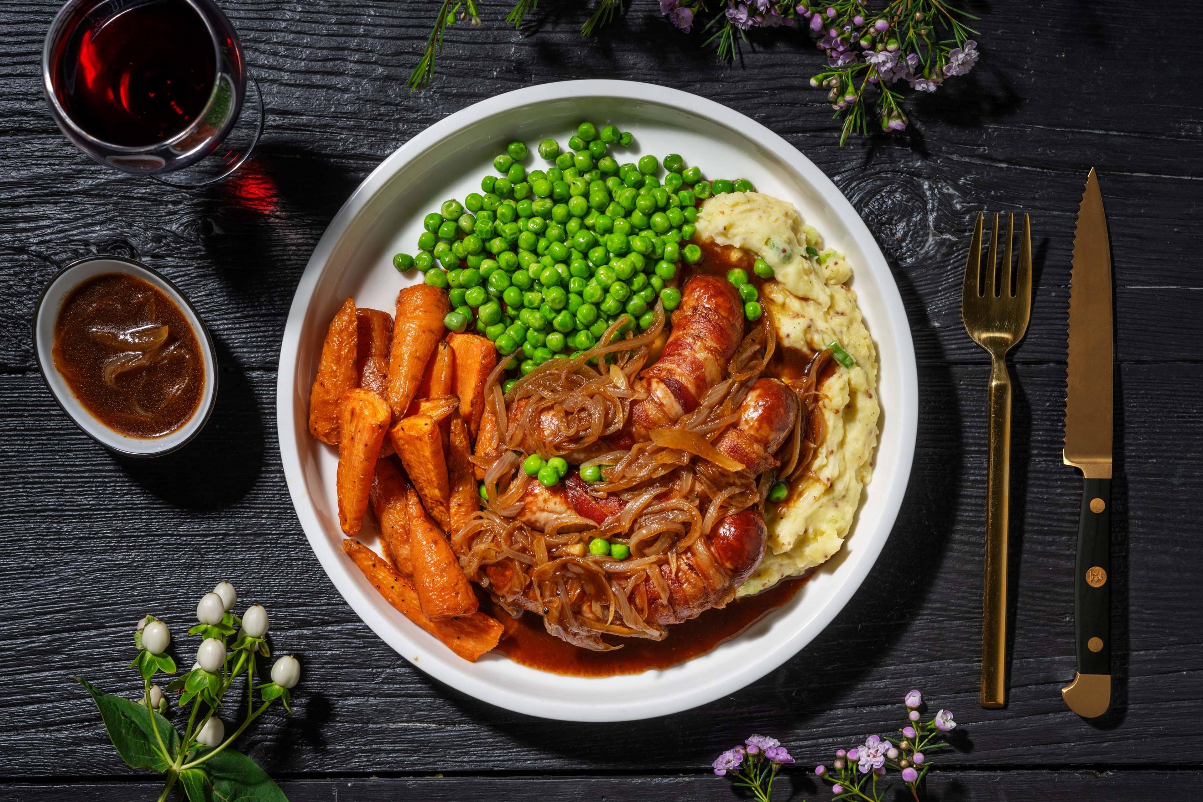 Bacon Wrapped Sausages on Creamy Mustard Mash
