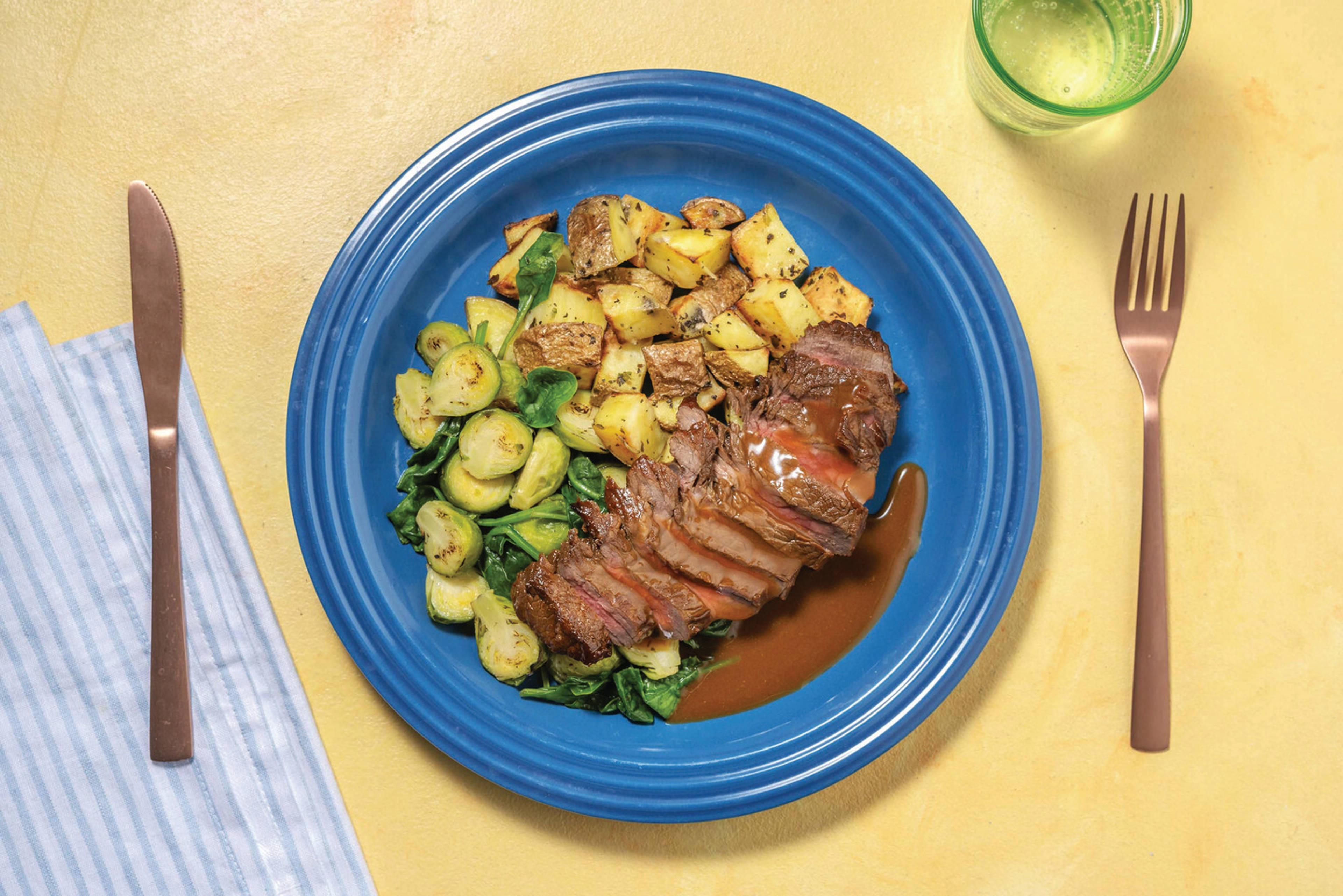Beef Brisket & Worcestershire Gravy with Herbed Potatoes & Roasted Brussels Sprouts