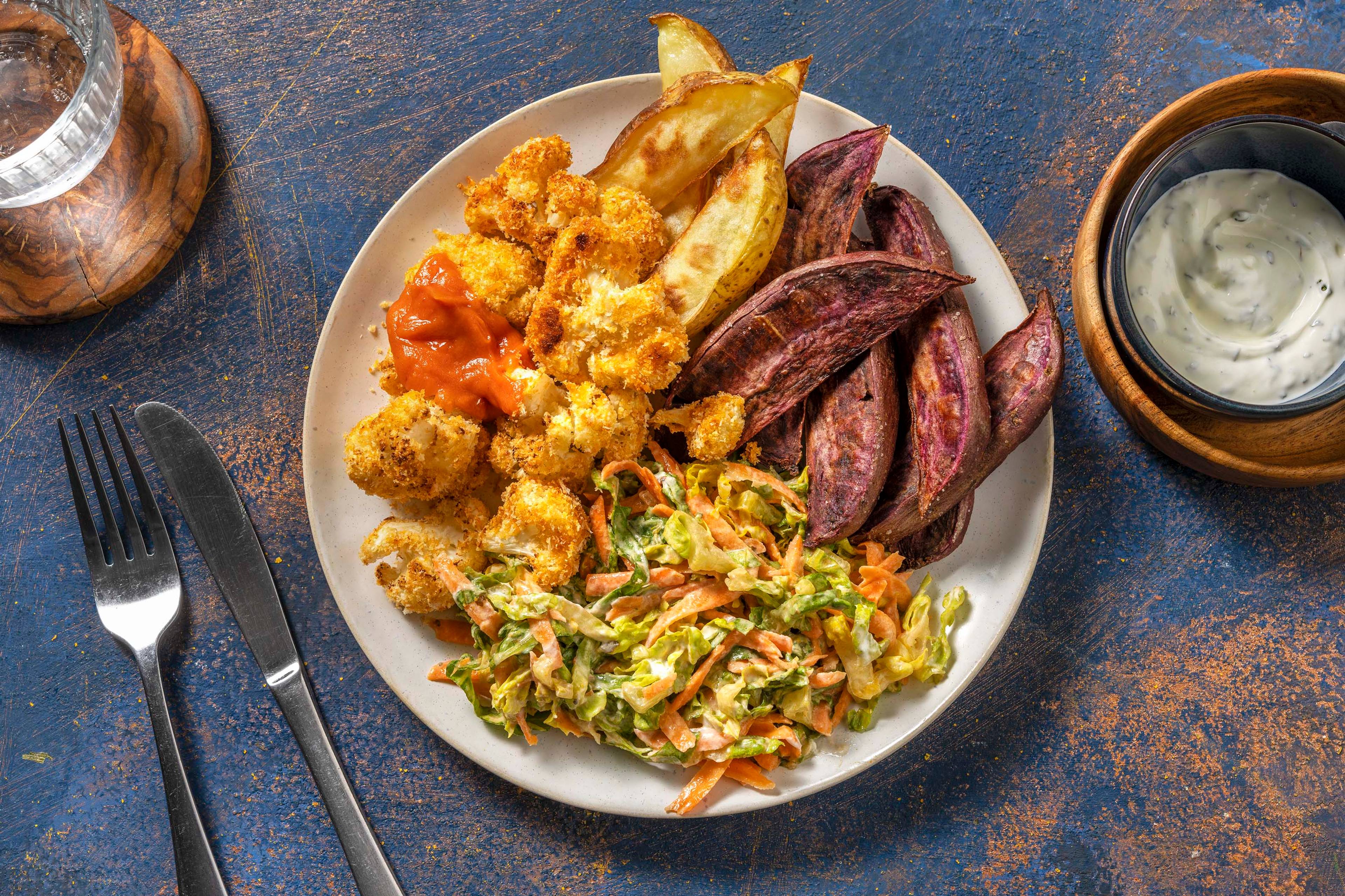 Buffalo-Blumenkohl-Bites mit lila Süsskartoffeln