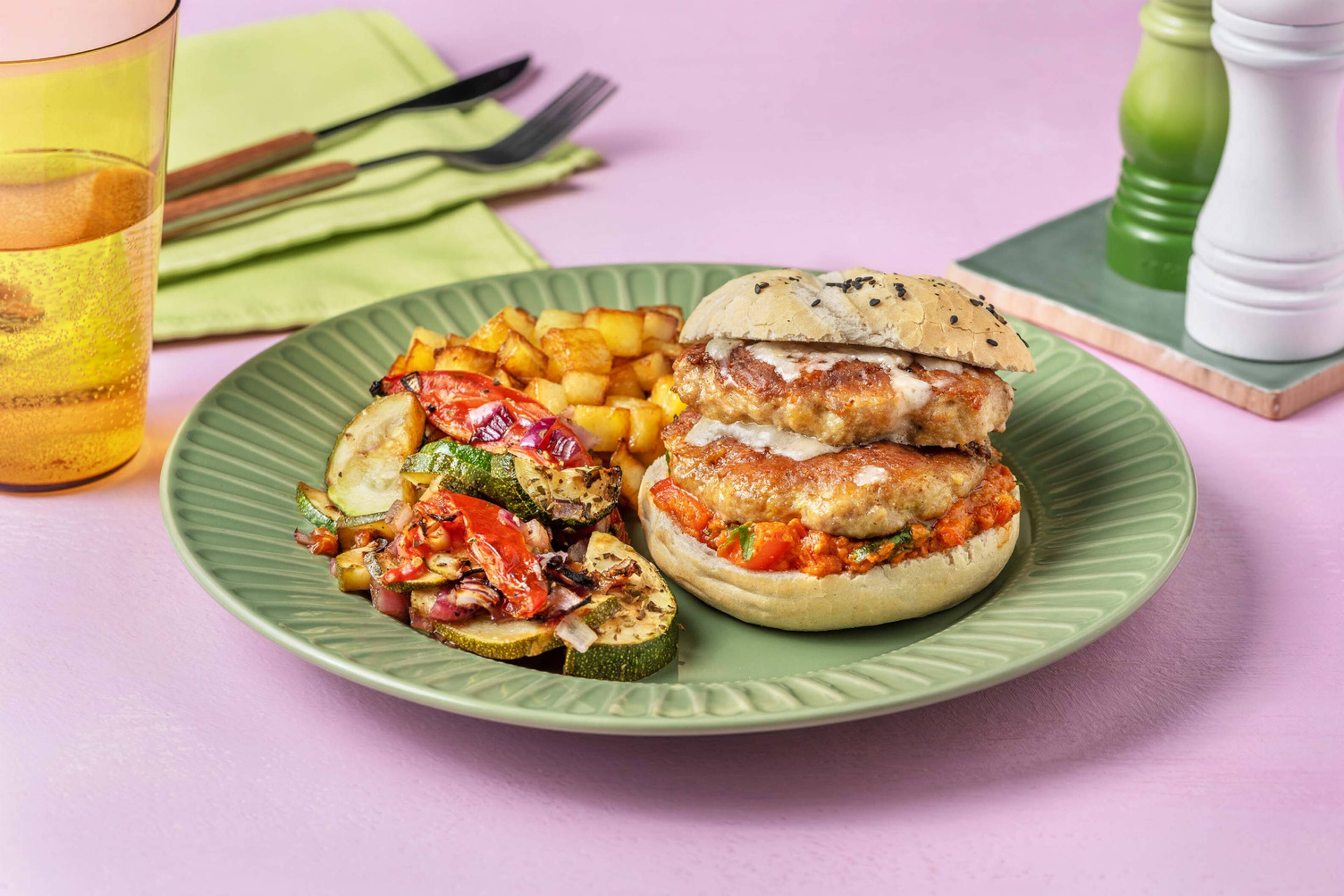 Burger de poulet et trempette pour bruschetta