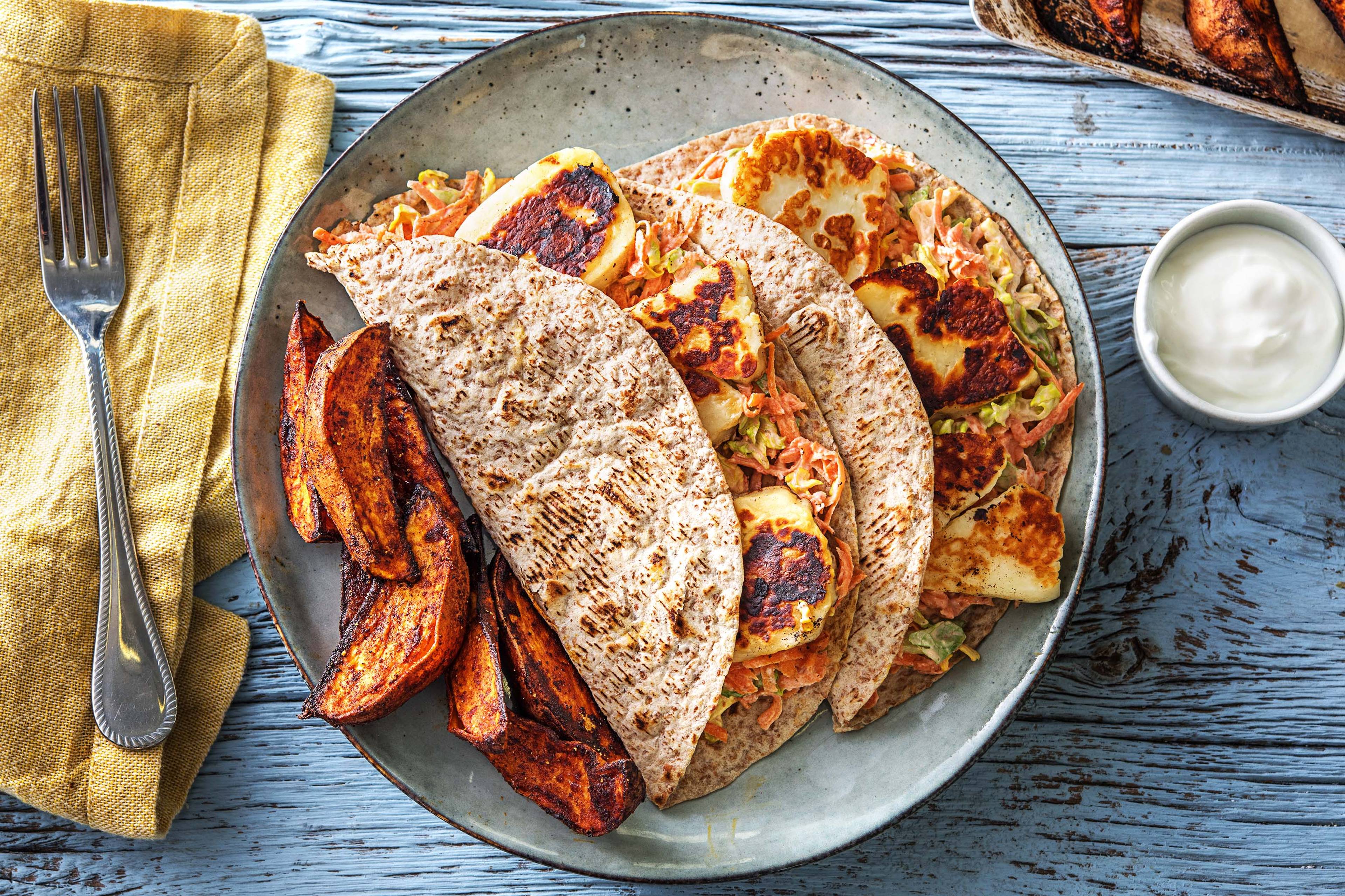 Charred Halloumi Wraps (v)