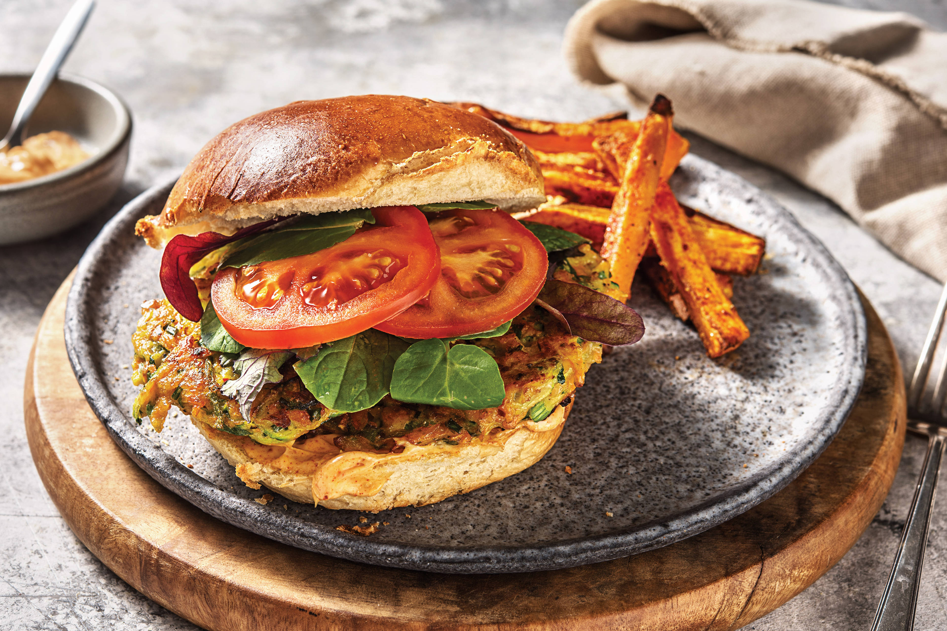 Cheesy Vegetable Fritter Burger