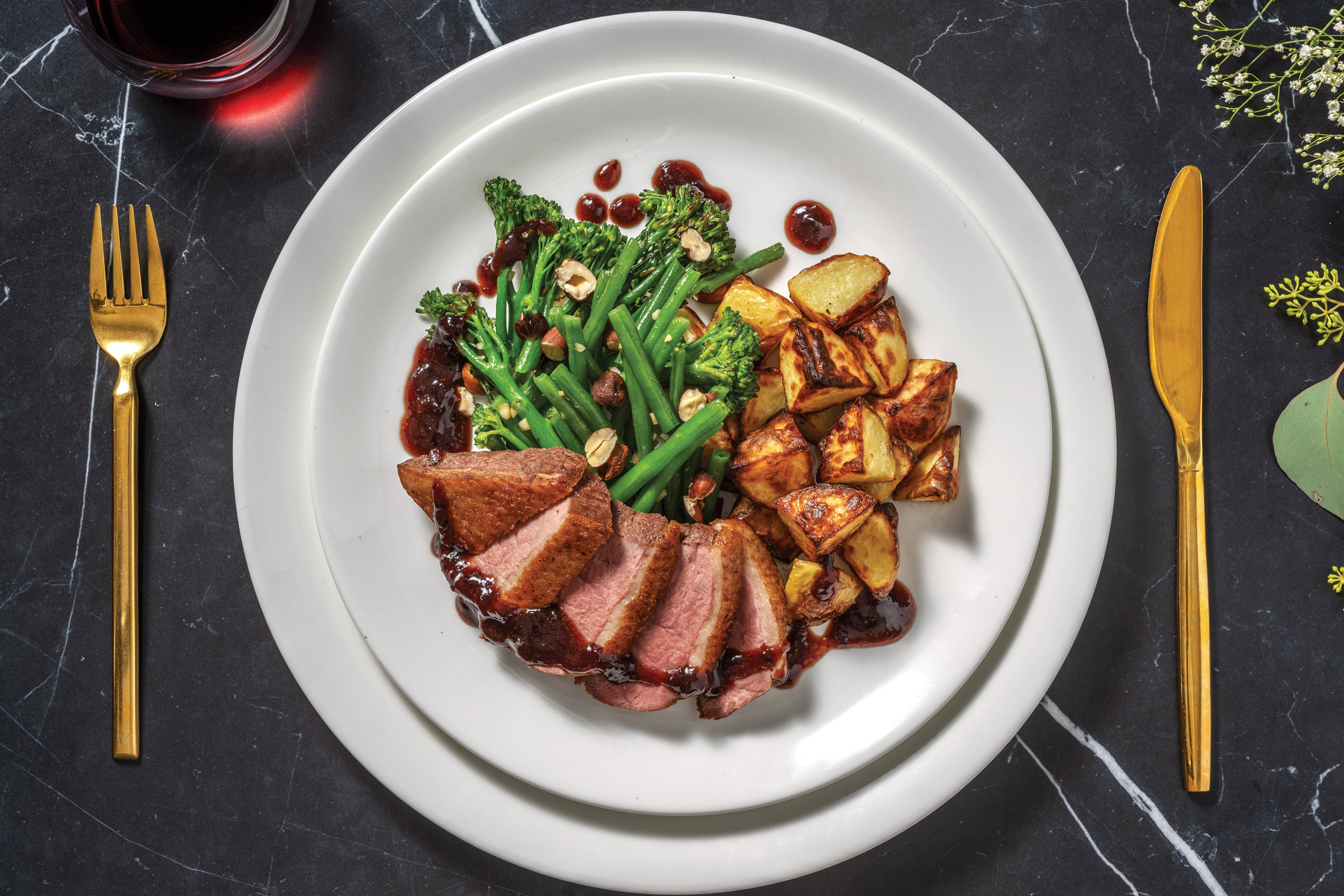 Glazed Duck & Hazelnut-Balsamic Greens