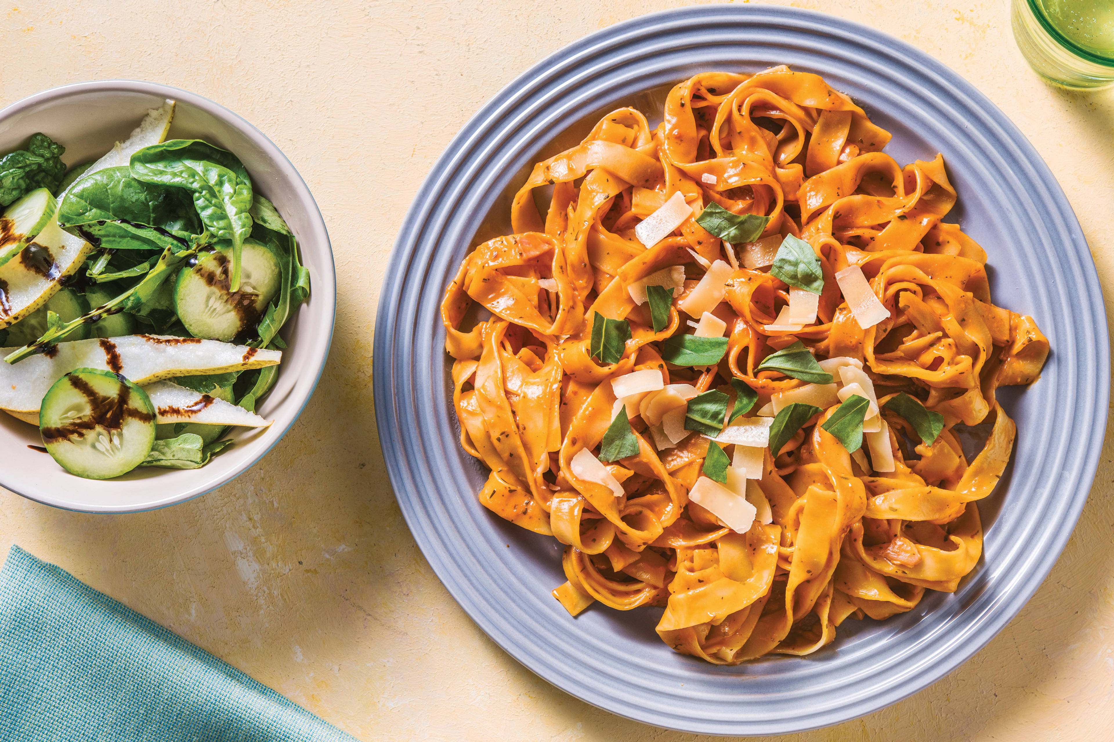 Creamy Bacon & Tomato Fettuccine with Pear Salad