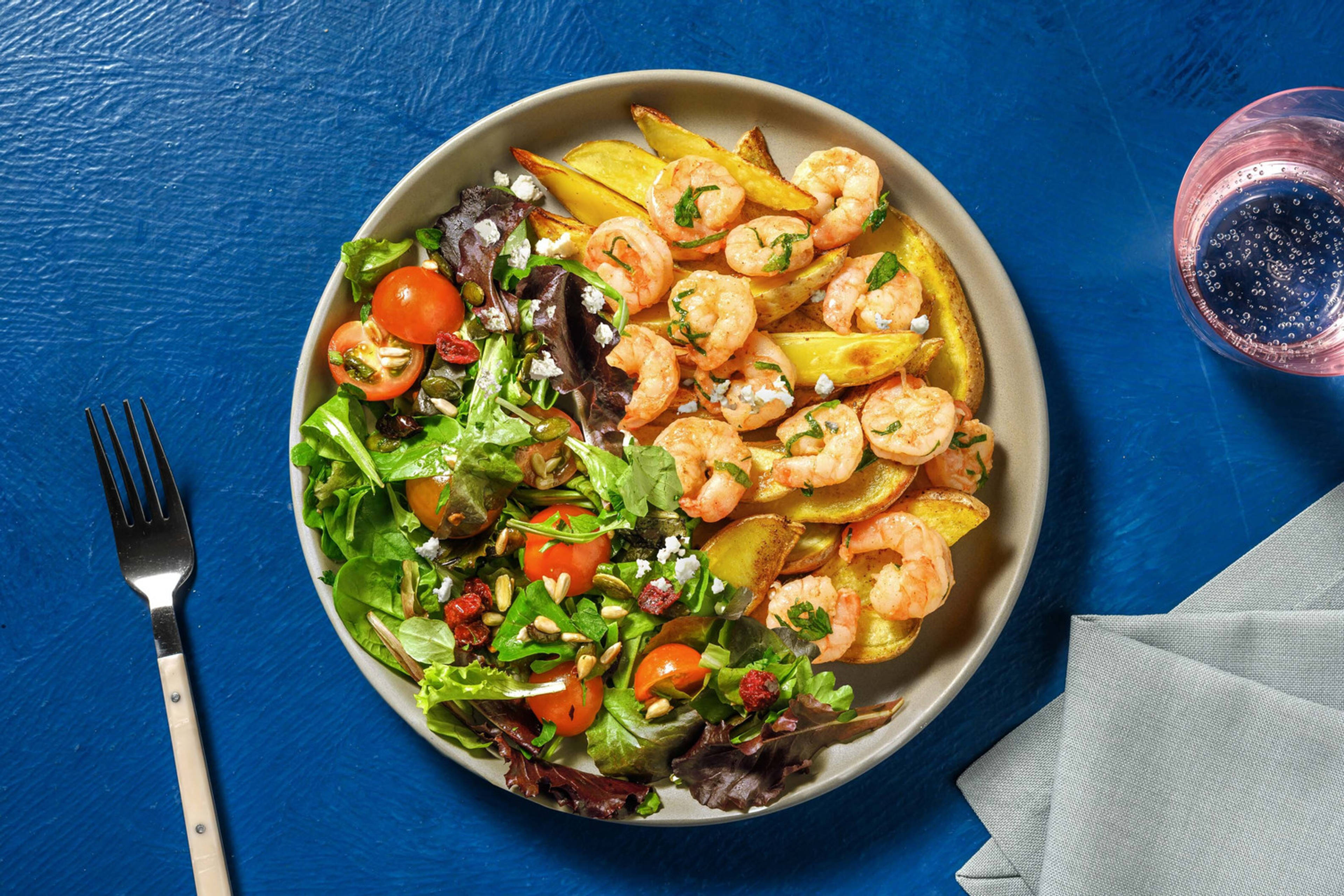Crevettes assaisonnées, saumon et pommes de terre rôties
