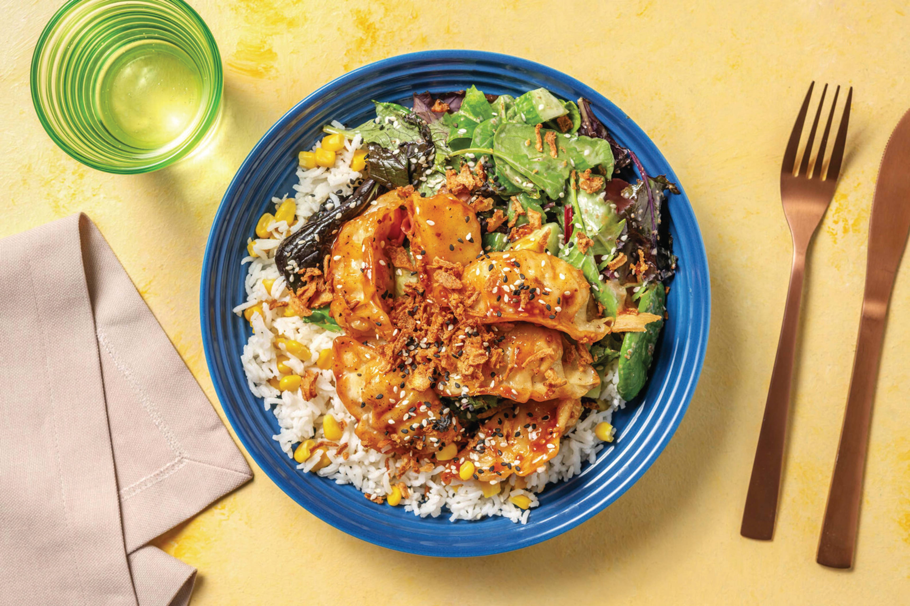 Crispy Pork Gyoza & Corn Rice Bowl with Sesame Cucumber Salad