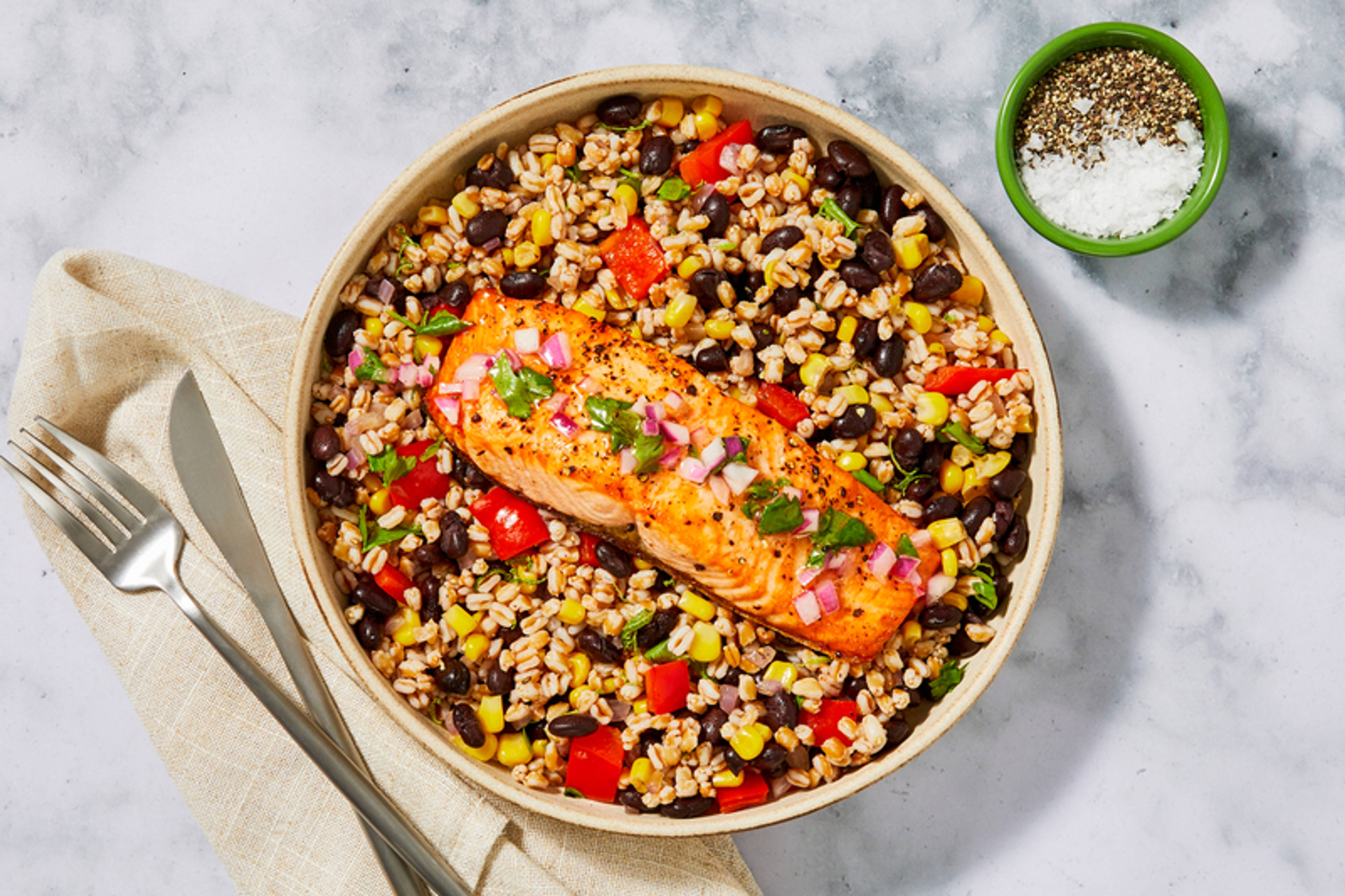 Salmon and Confetti Vegetable Farro Bowls 