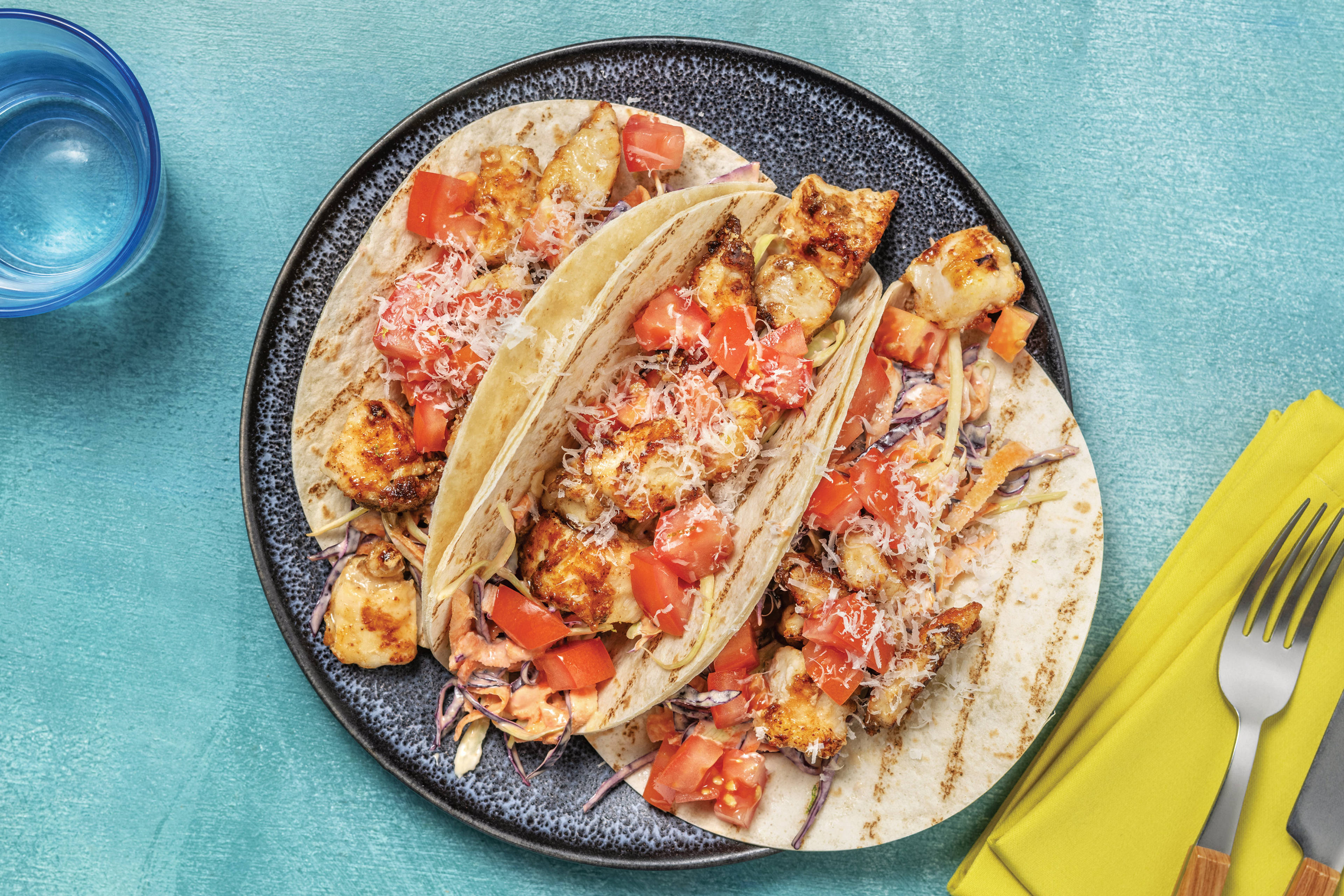 Popcorn Chicken Tacos with Slaw, Parmesan & Herby Mayo