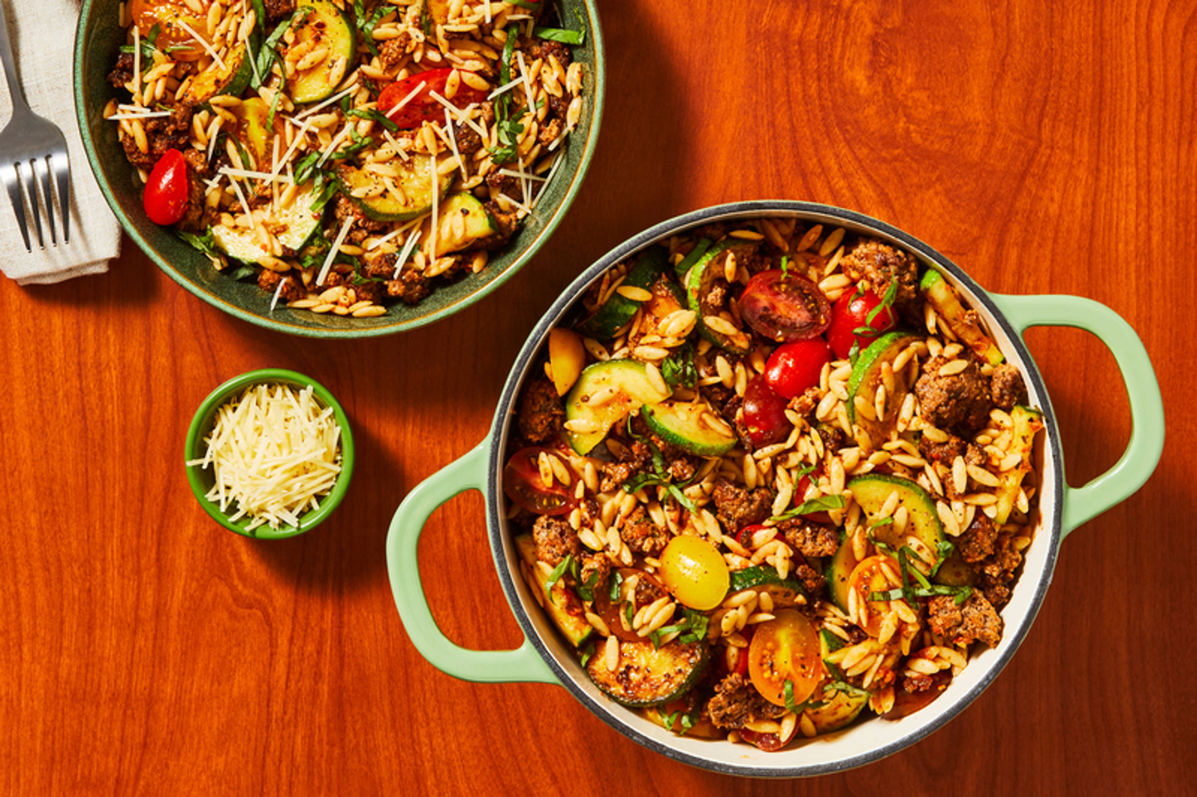 One-Pot Hearty Beef and Pesto Orzo Pasta 