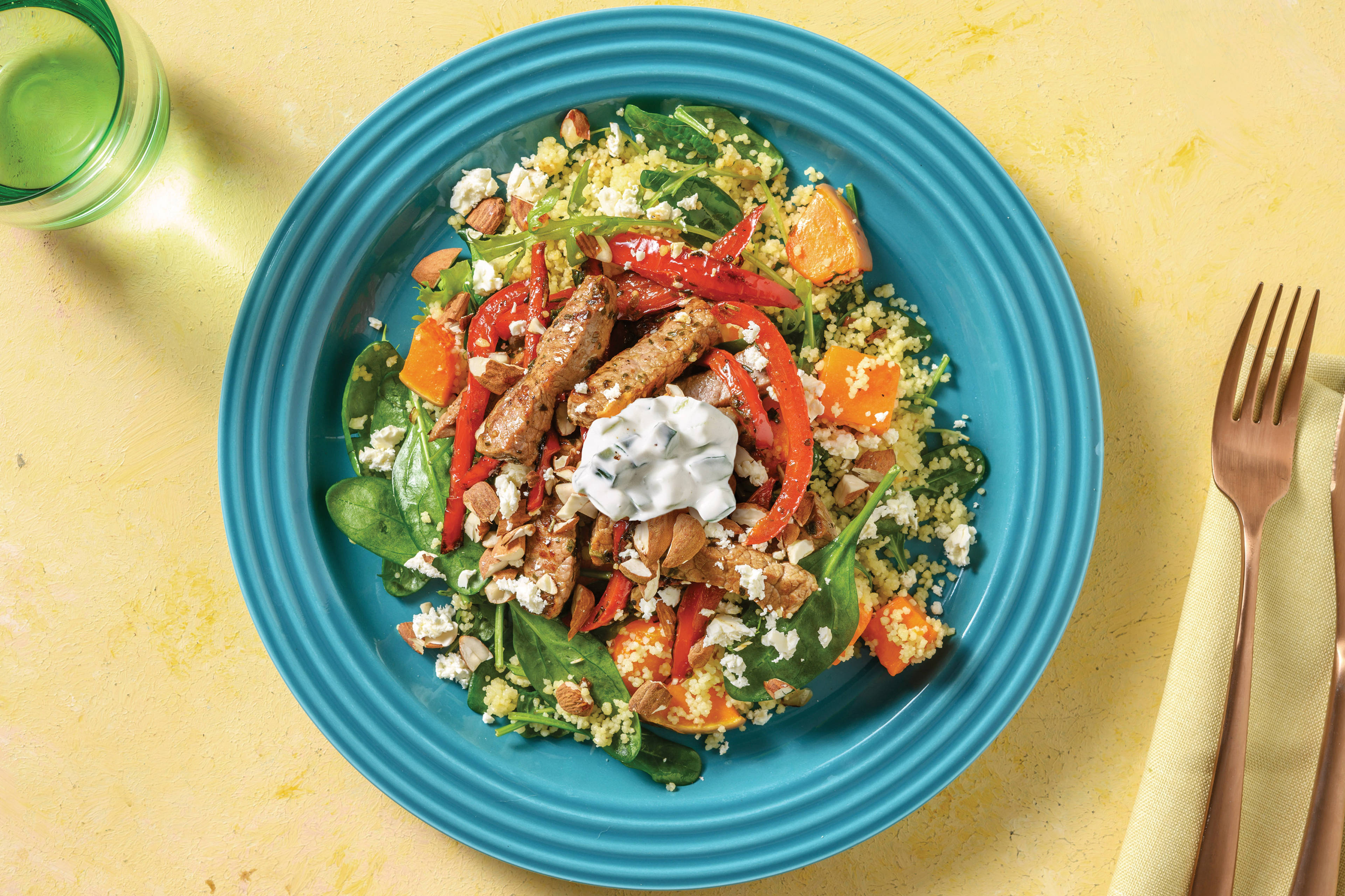 Garlic Beef & Roast Veggie Couscous with Tzatziki