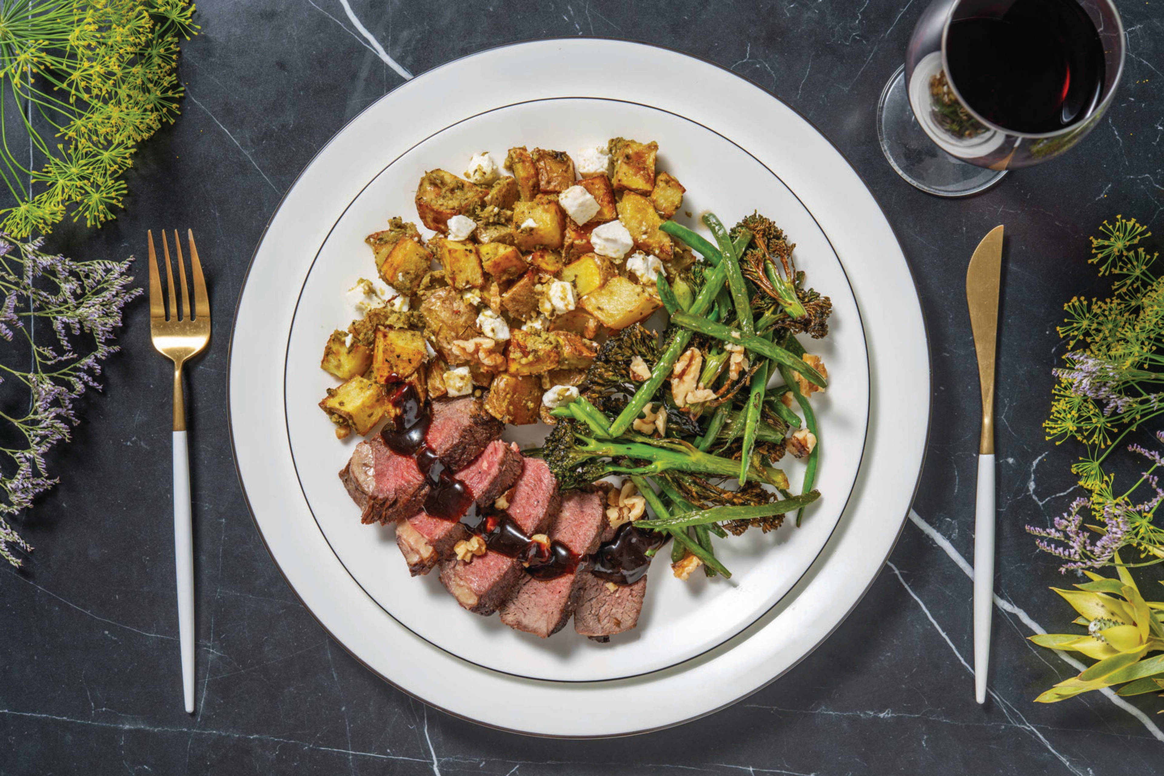 Glazed Beef Eye Fillet & Garlic Greens