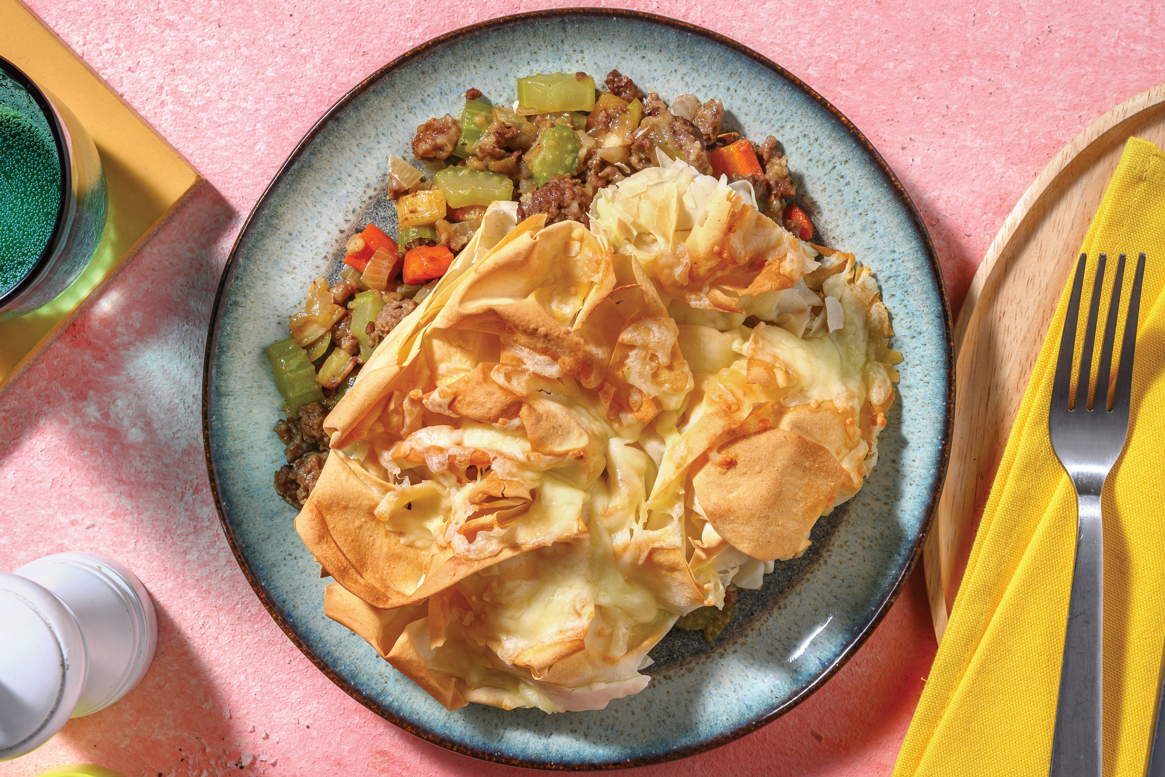 Gravy Beef, Pork & Veggie Filo Pie