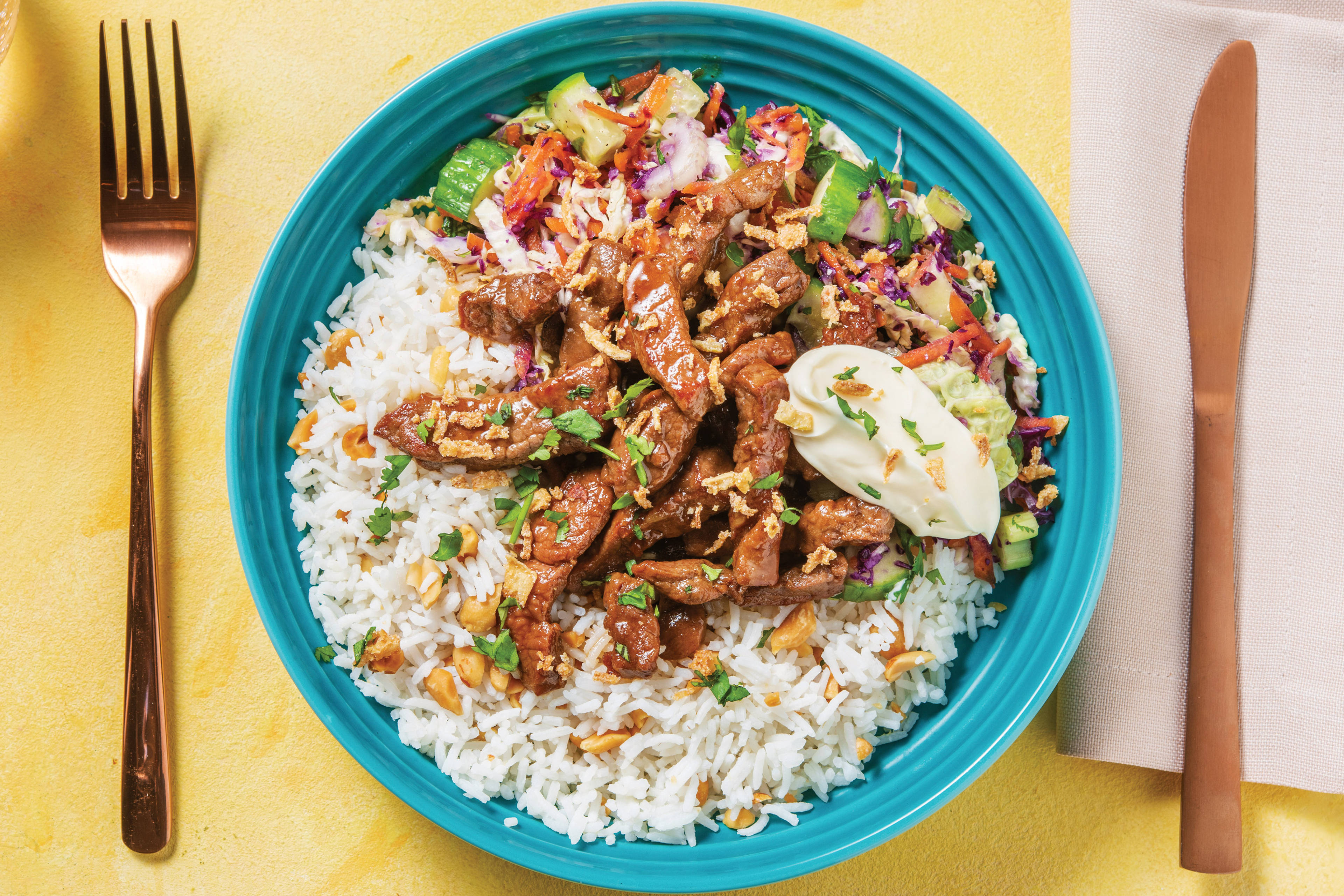 Sweet Chilli Beef & Peanut Rice with Ponzu Slaw