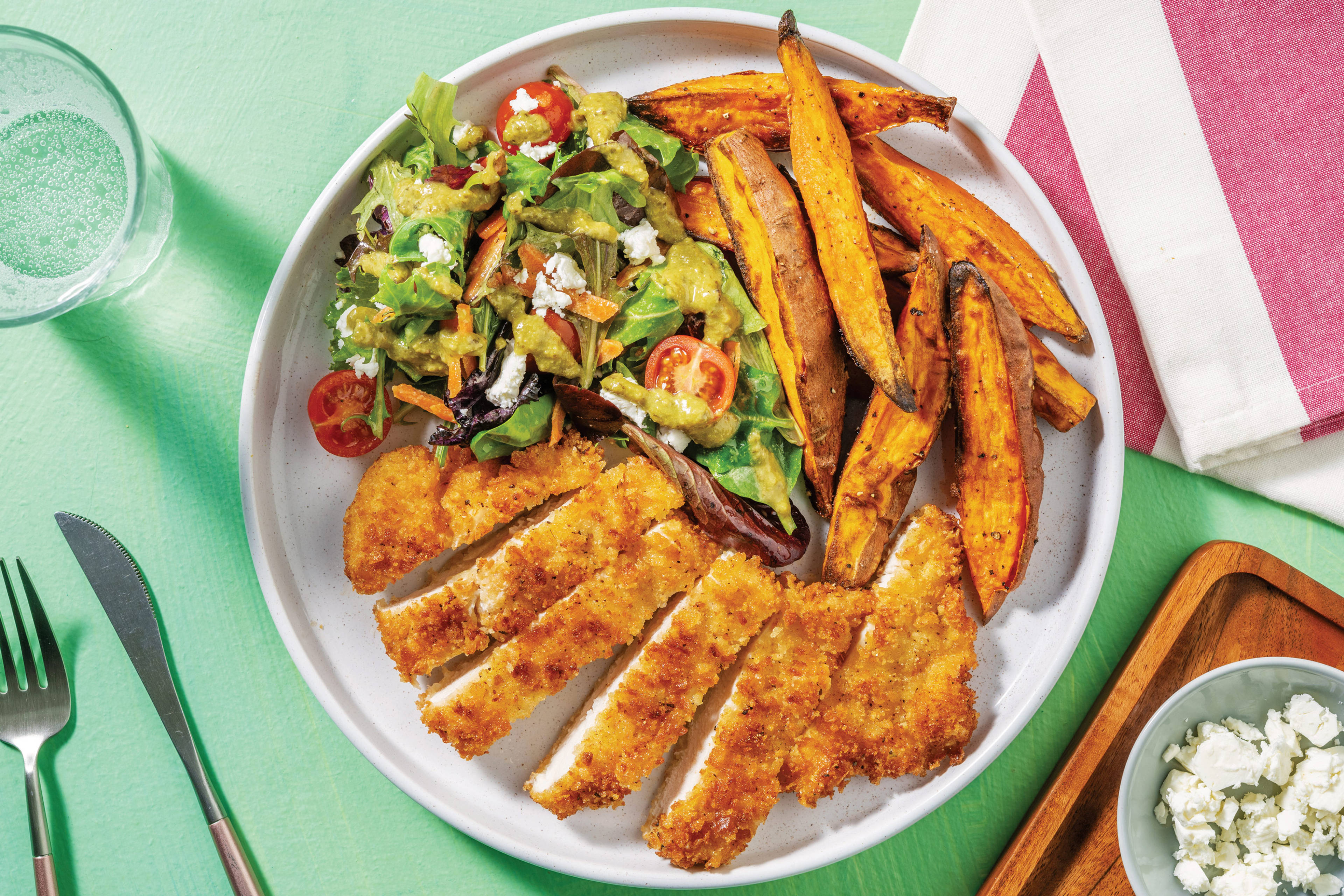 Lemony Crumbed Chicken & Creamy Pesto with Fetta Salad & Sweet Potato Fries