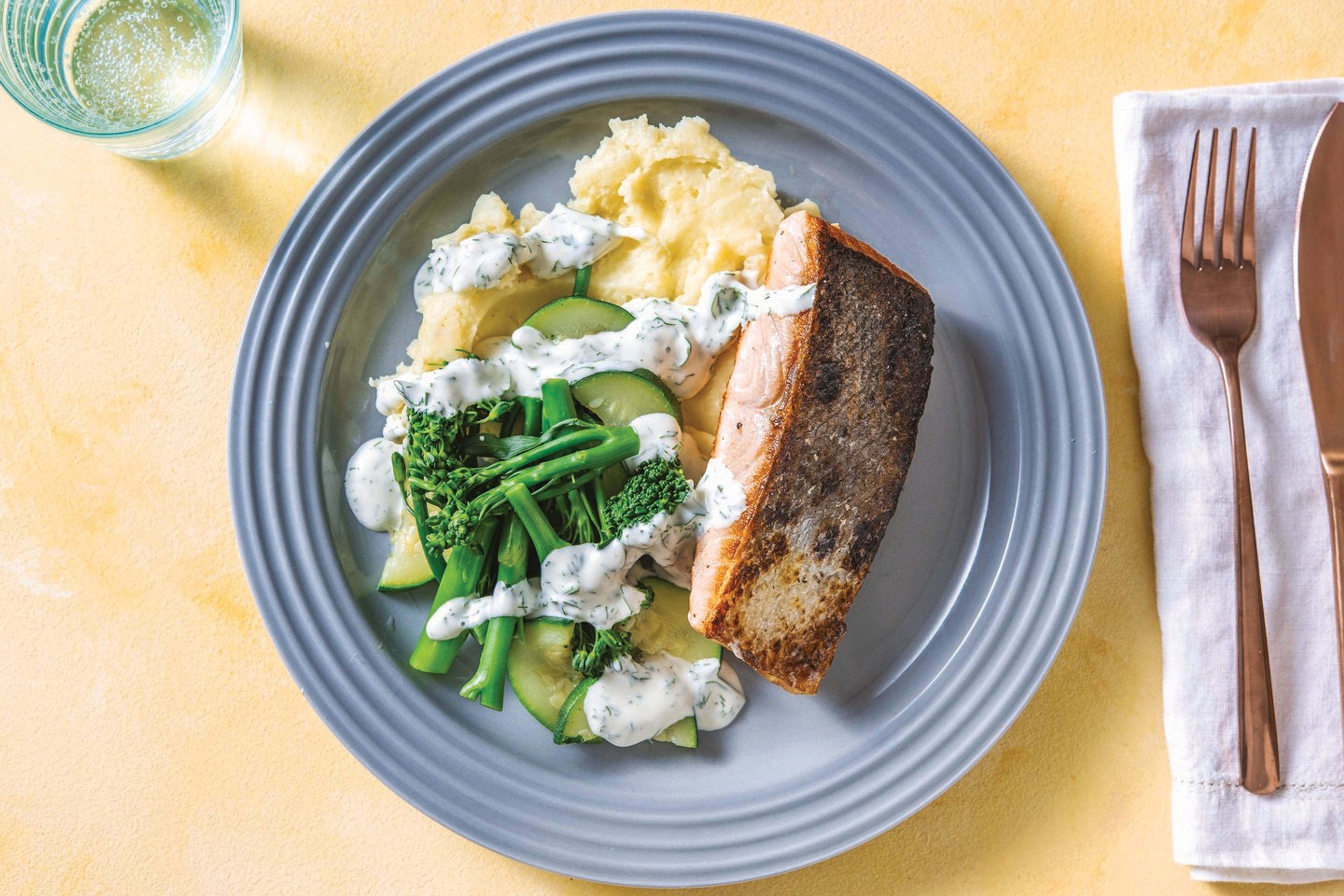 Lemony Salmon & Mashed Potato with Dill-Parsley Dressing