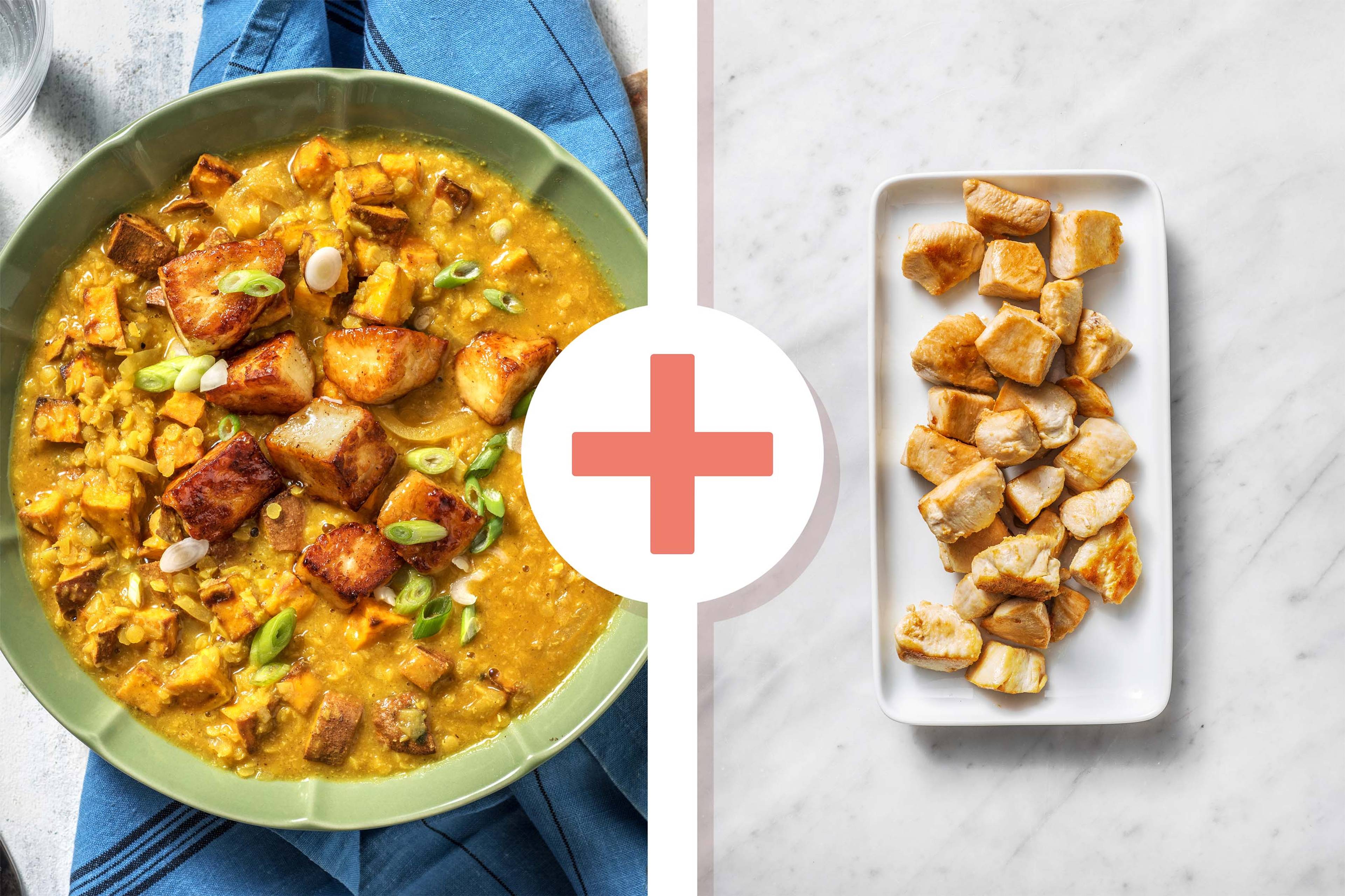 Mango Chutney Coated Halloumi and Chicken Sweet Potato Dal