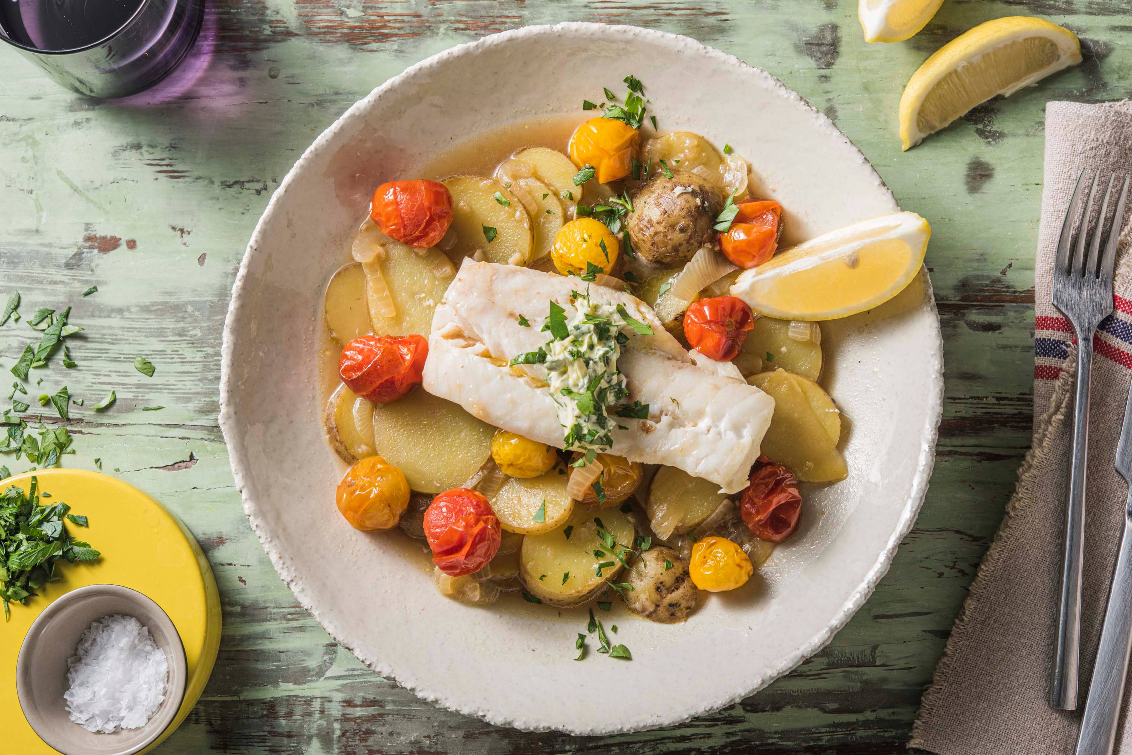 Mediterraanse kabeljauw met gestoofde aardappelen