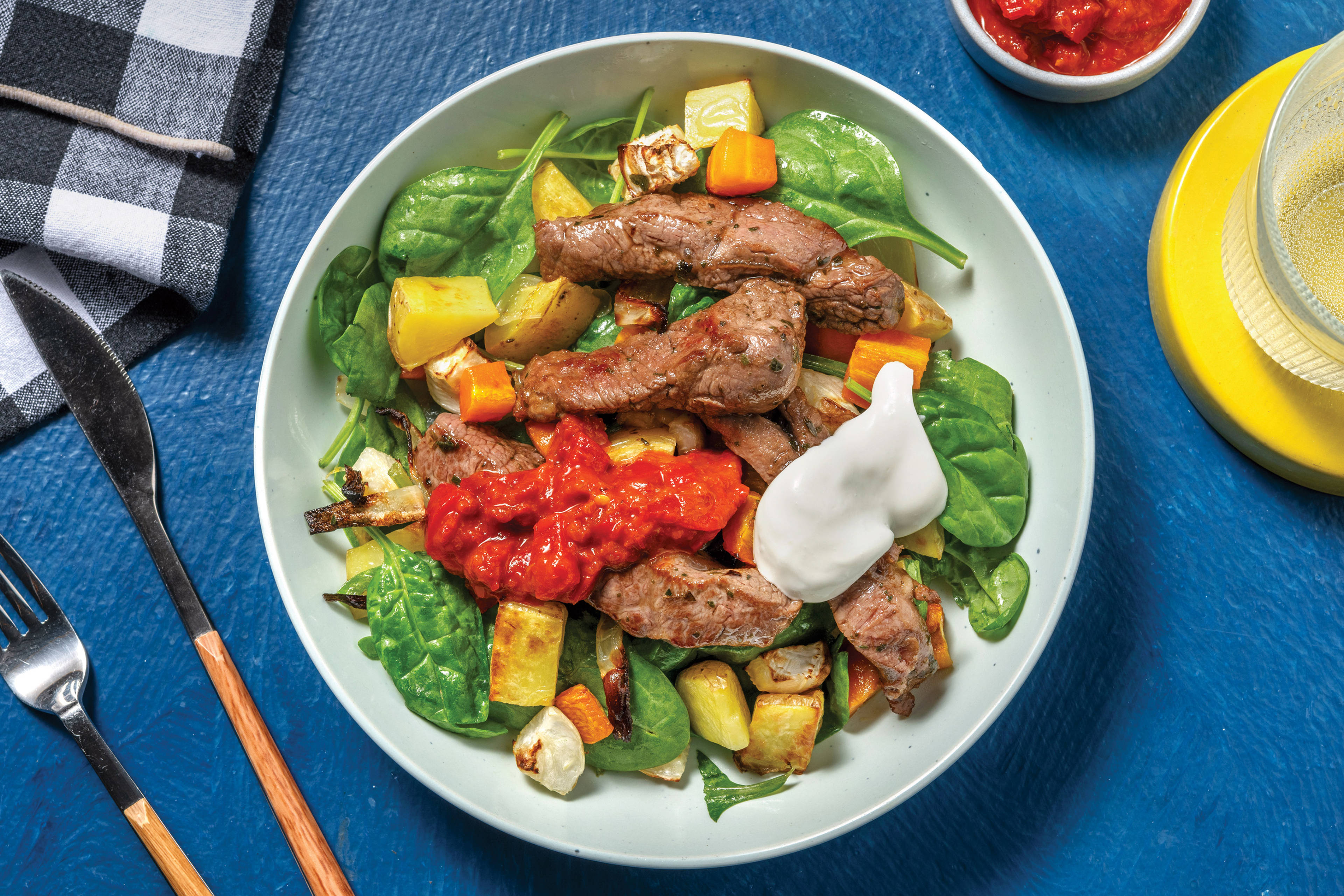 Easy Mediterranean Beef & Roast Veggie Toss