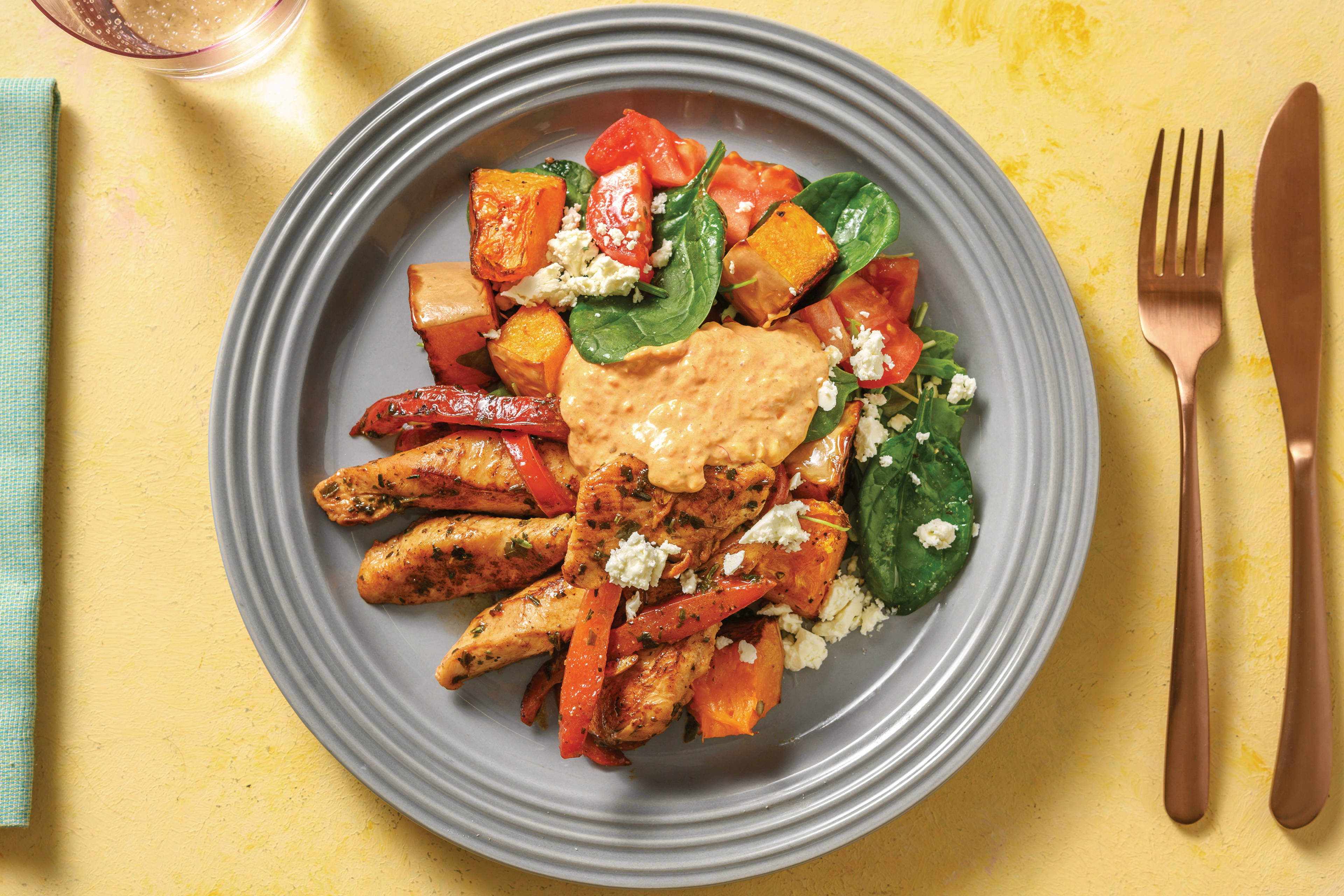 Herby Chicken Strips with Roast Pumpkin Salad & Red Pesto Mayo