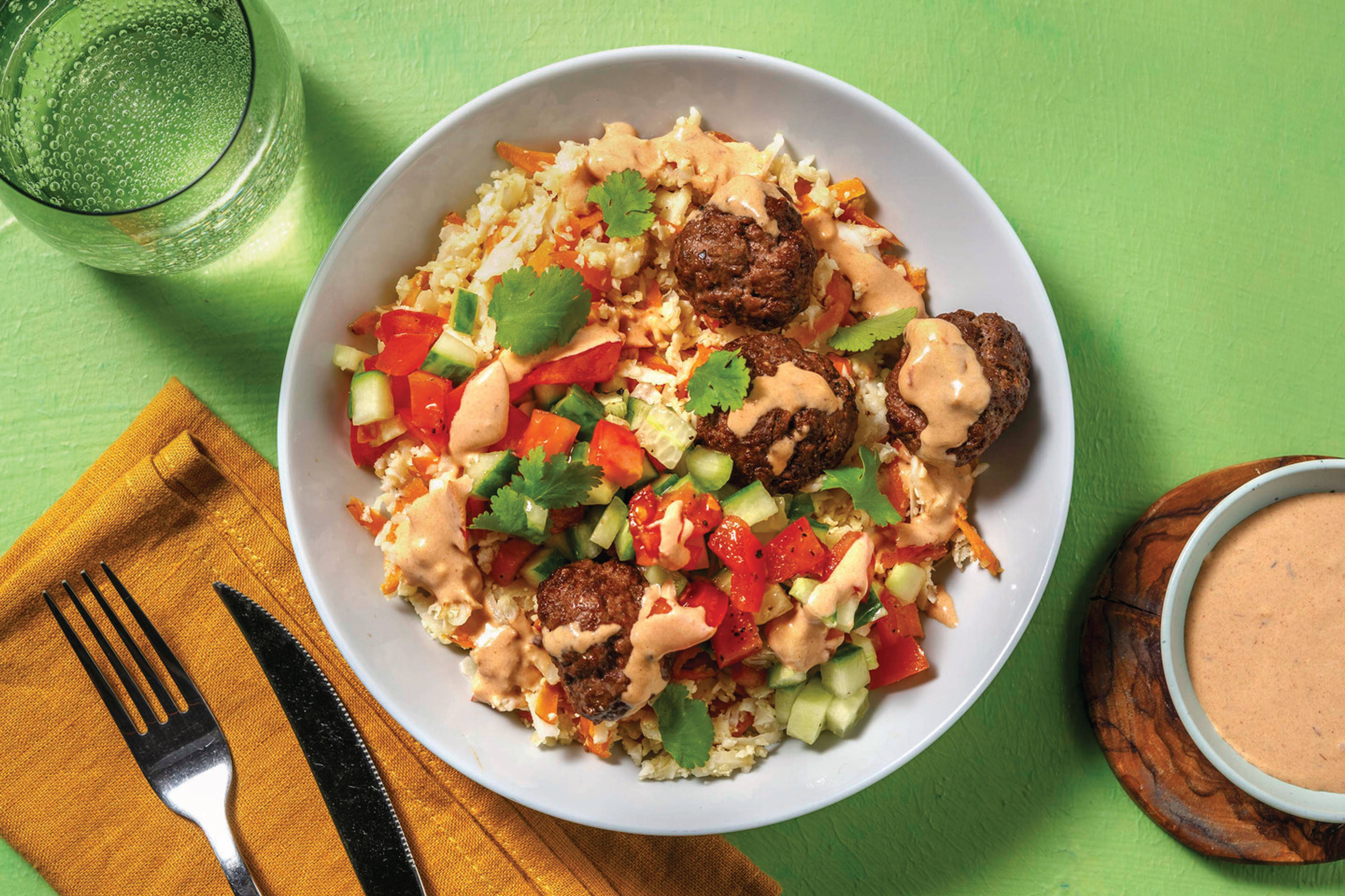 Mexican Beef Meatballs & Cauli-Carrot Rice