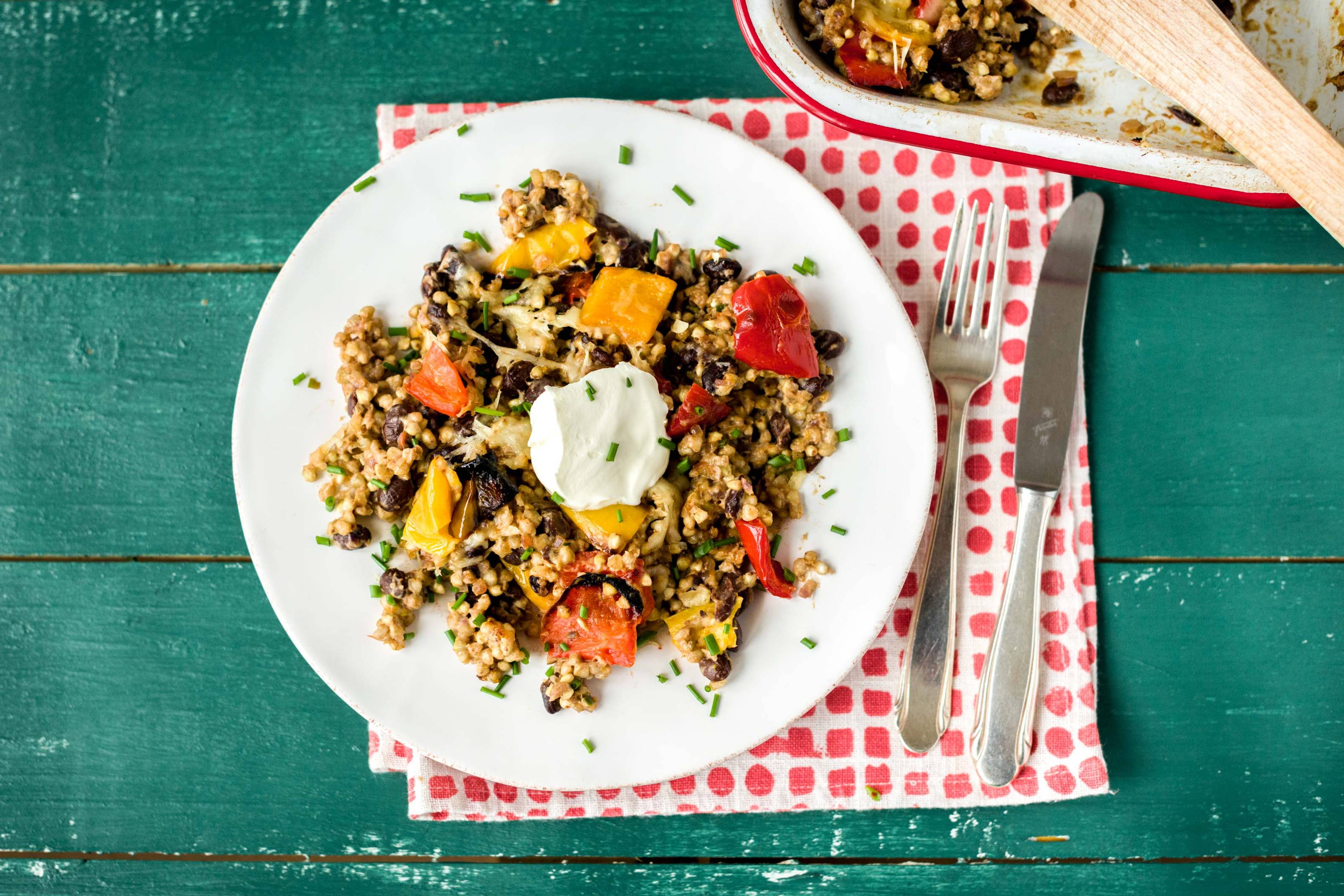 Mexican Black Bean and Buckwheat Bake with Crème Fraîche