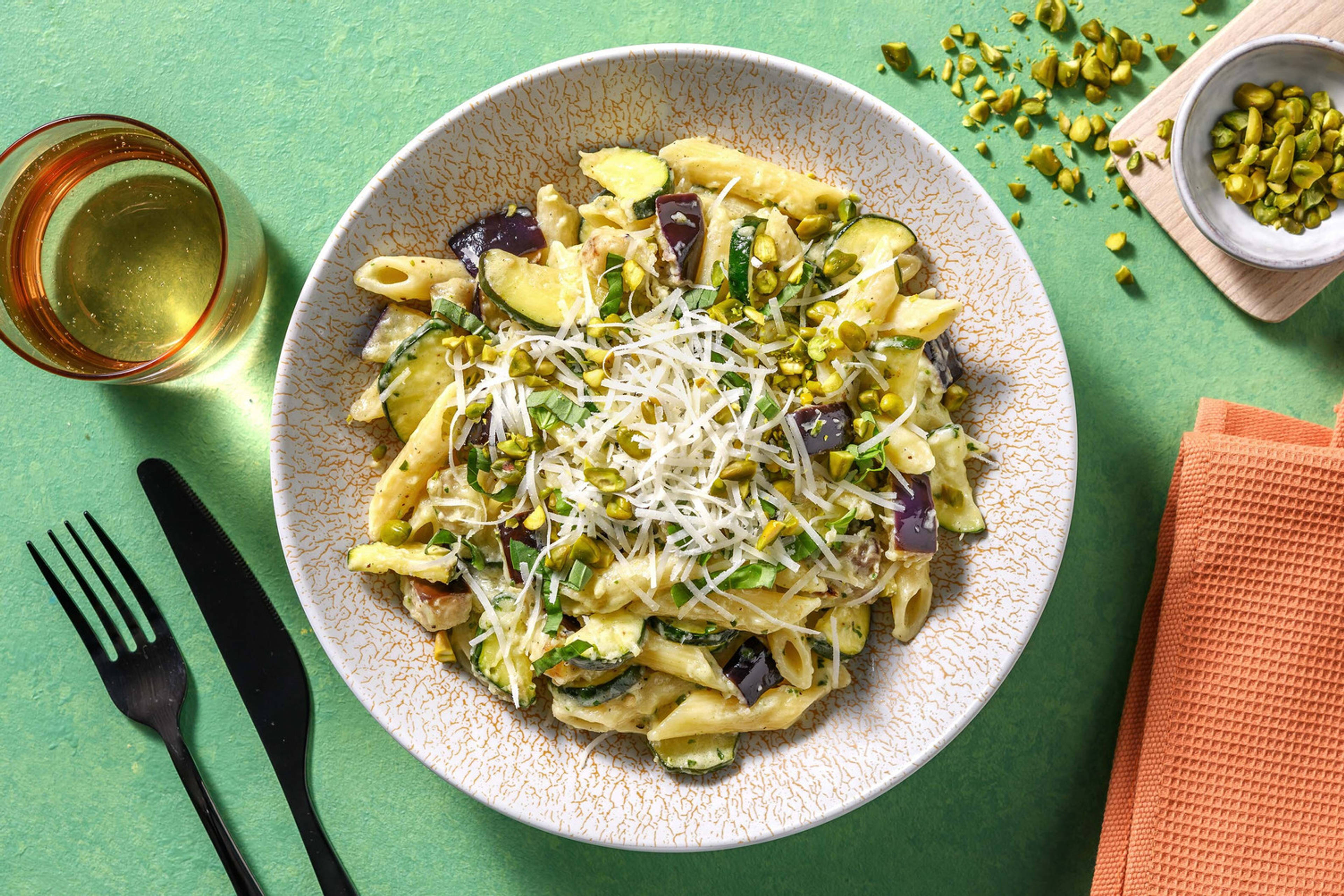 Penne à la crème de basilic maison et pistaches