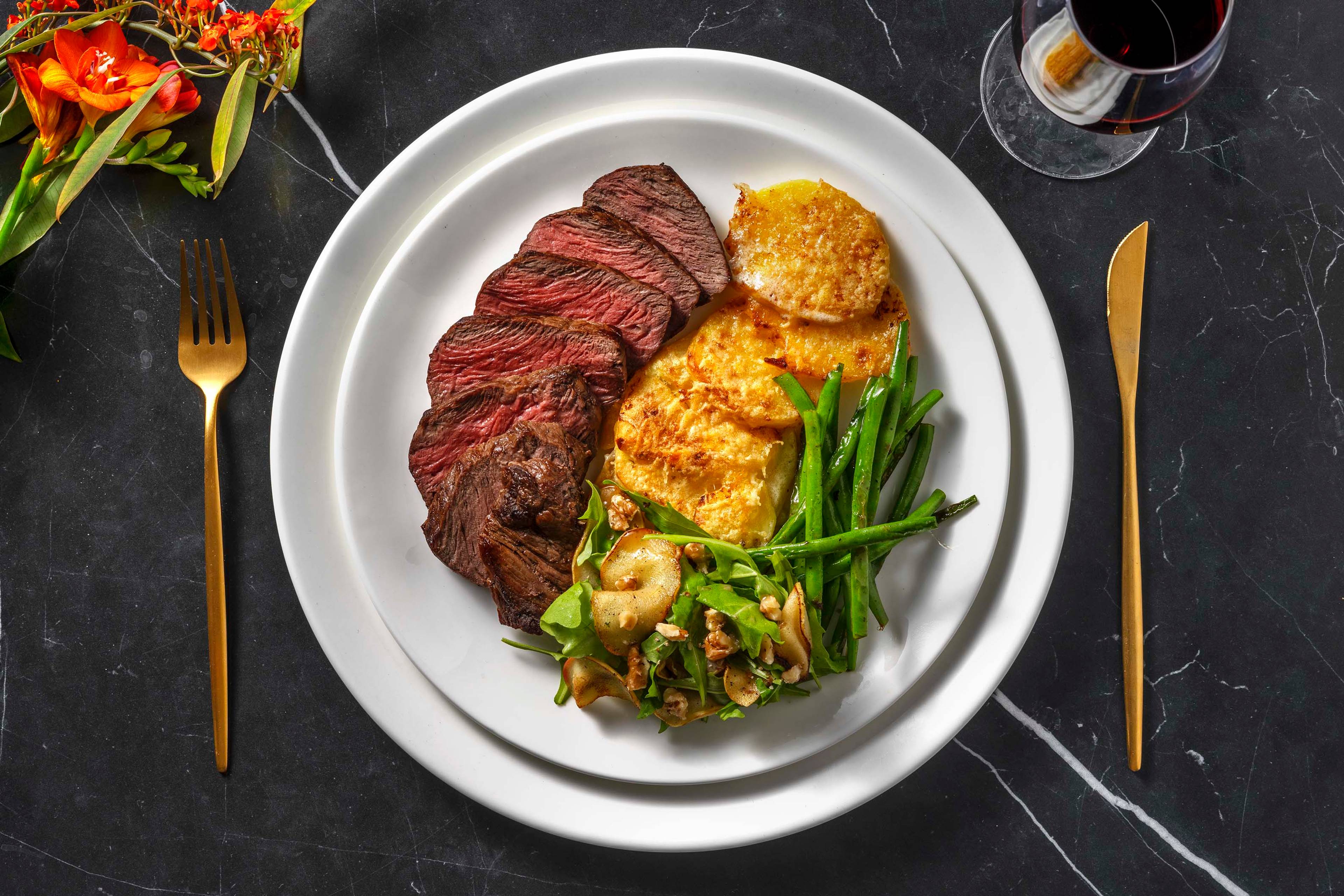 Pepper Crusted Venison Steak & Dauphinoise Potatoes