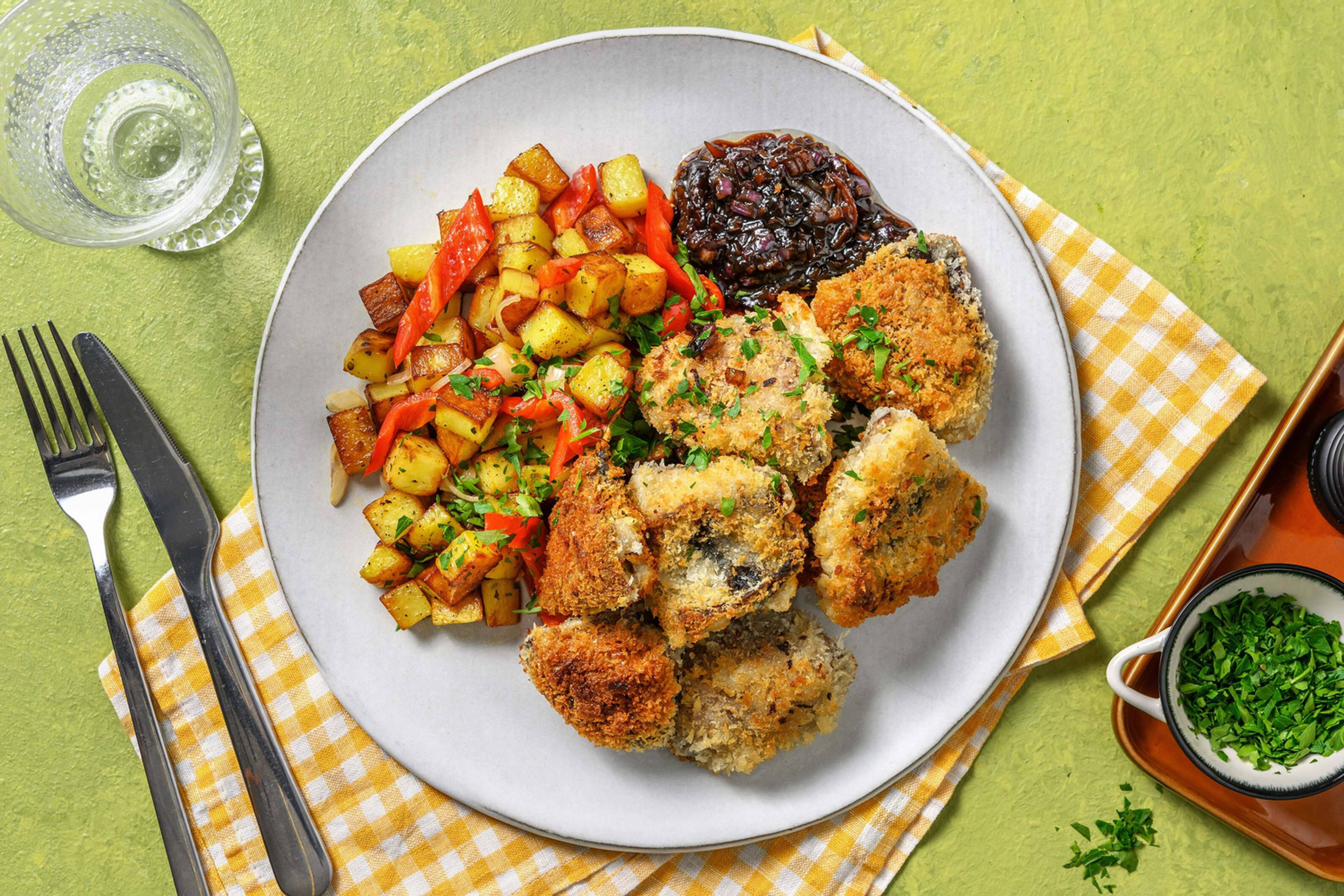 Portobello pané et pommes de terre sautées