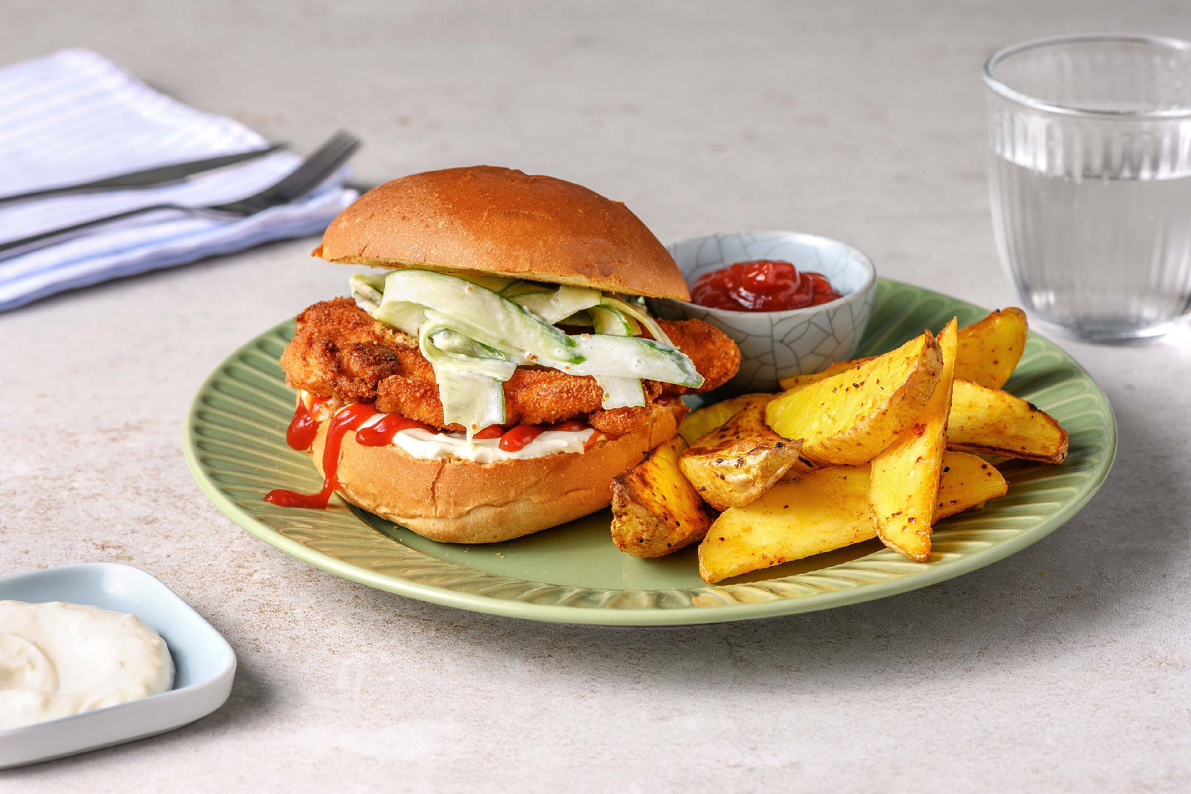 Pouletplätzli-Burger mit Gurkensalat