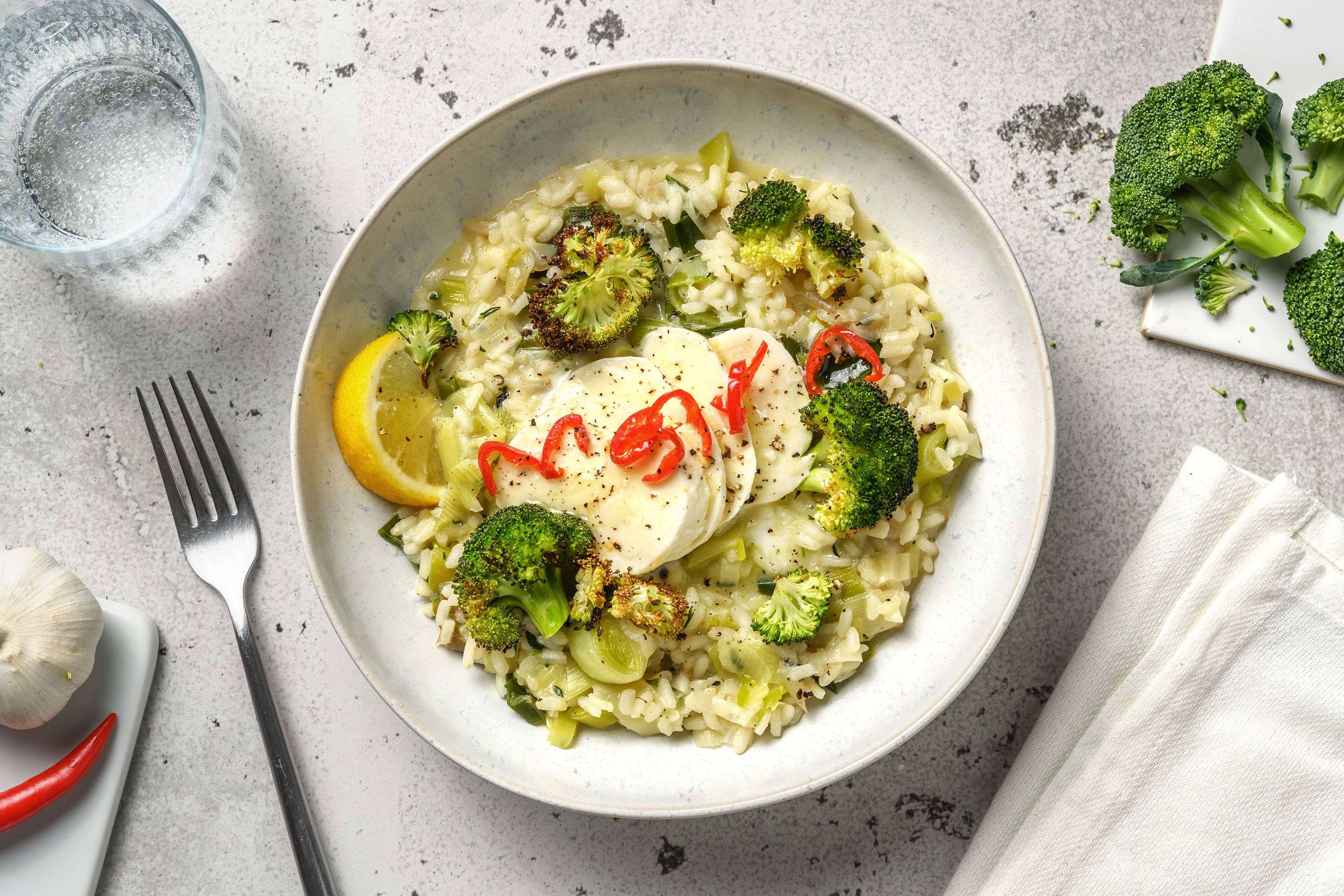 Risotto au brocoli, poireau, pecorino et thym citronné