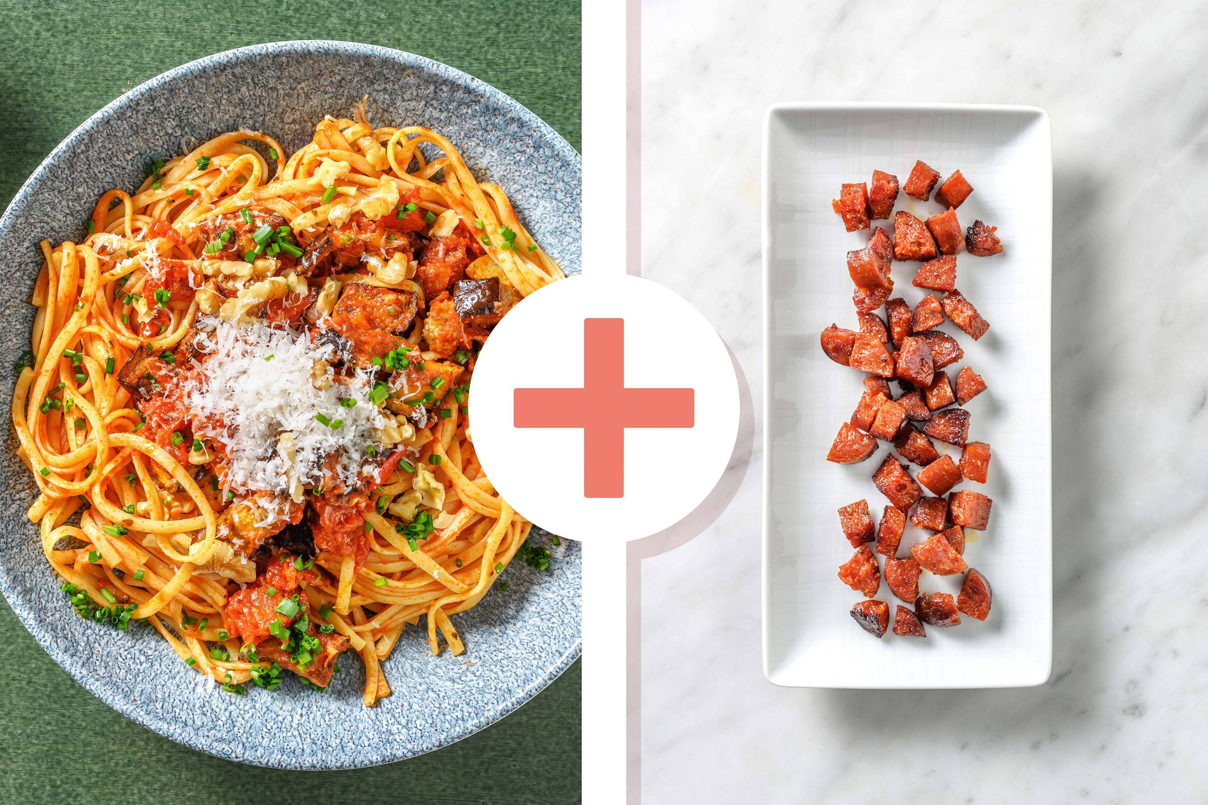 Chorizo, Roasted Pepper and Aubergine Linguine