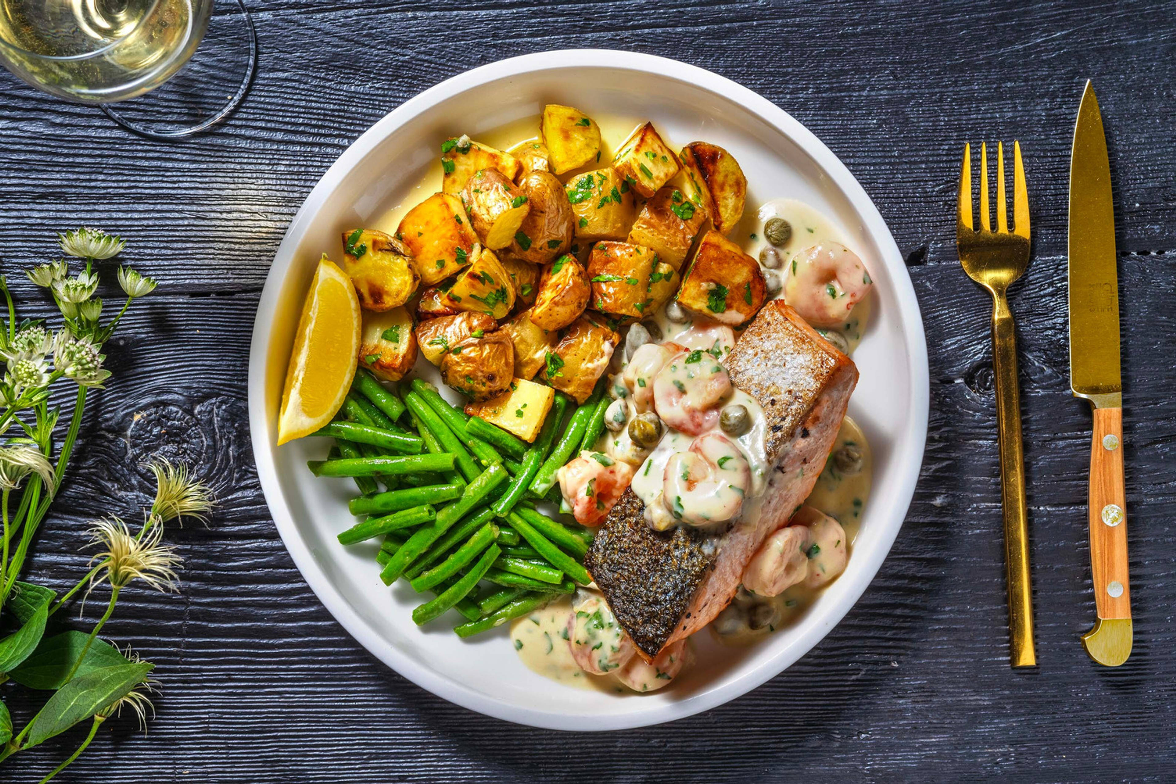 Salmon and Shrimp in Lemon-Caper Cream Sauce
