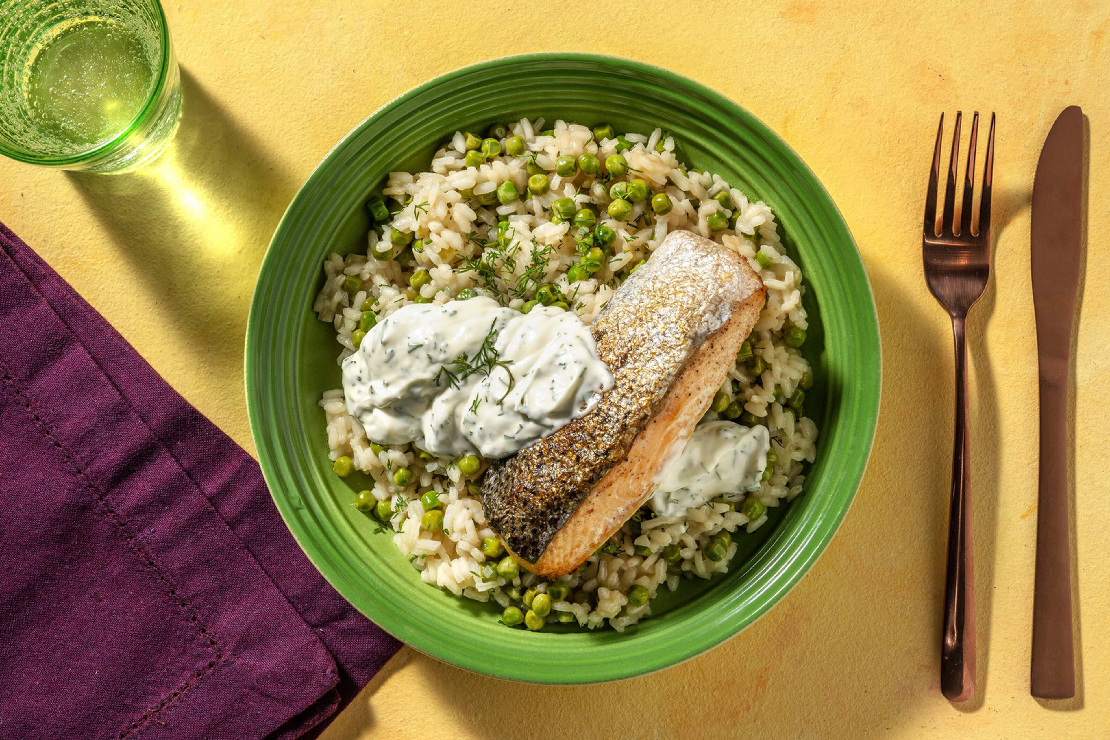 Saumon rôti et risotto à l’aneth et au citron