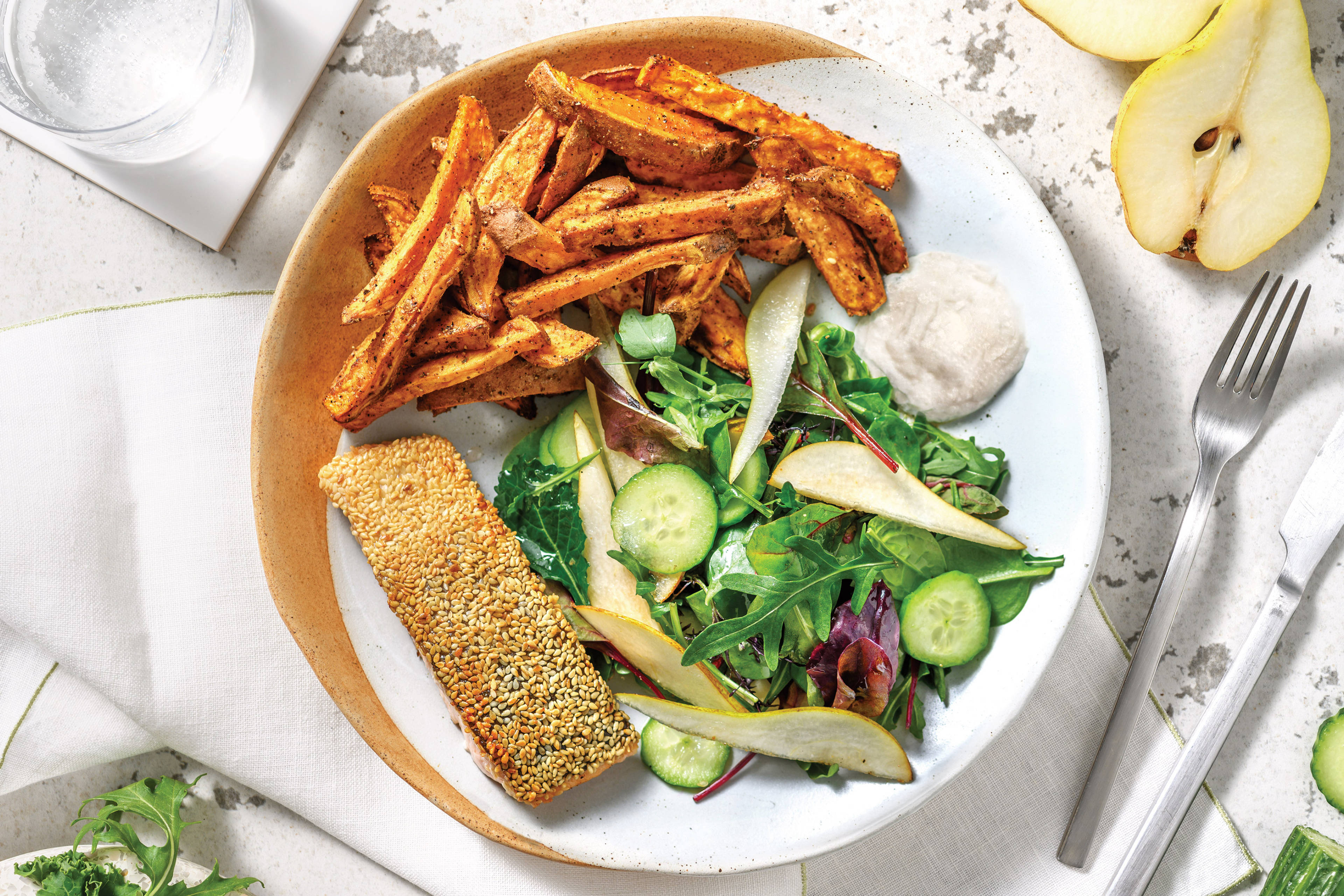 Sesame-Crusted Salmon & Sweet Potato Fries with Garlic Sauce
