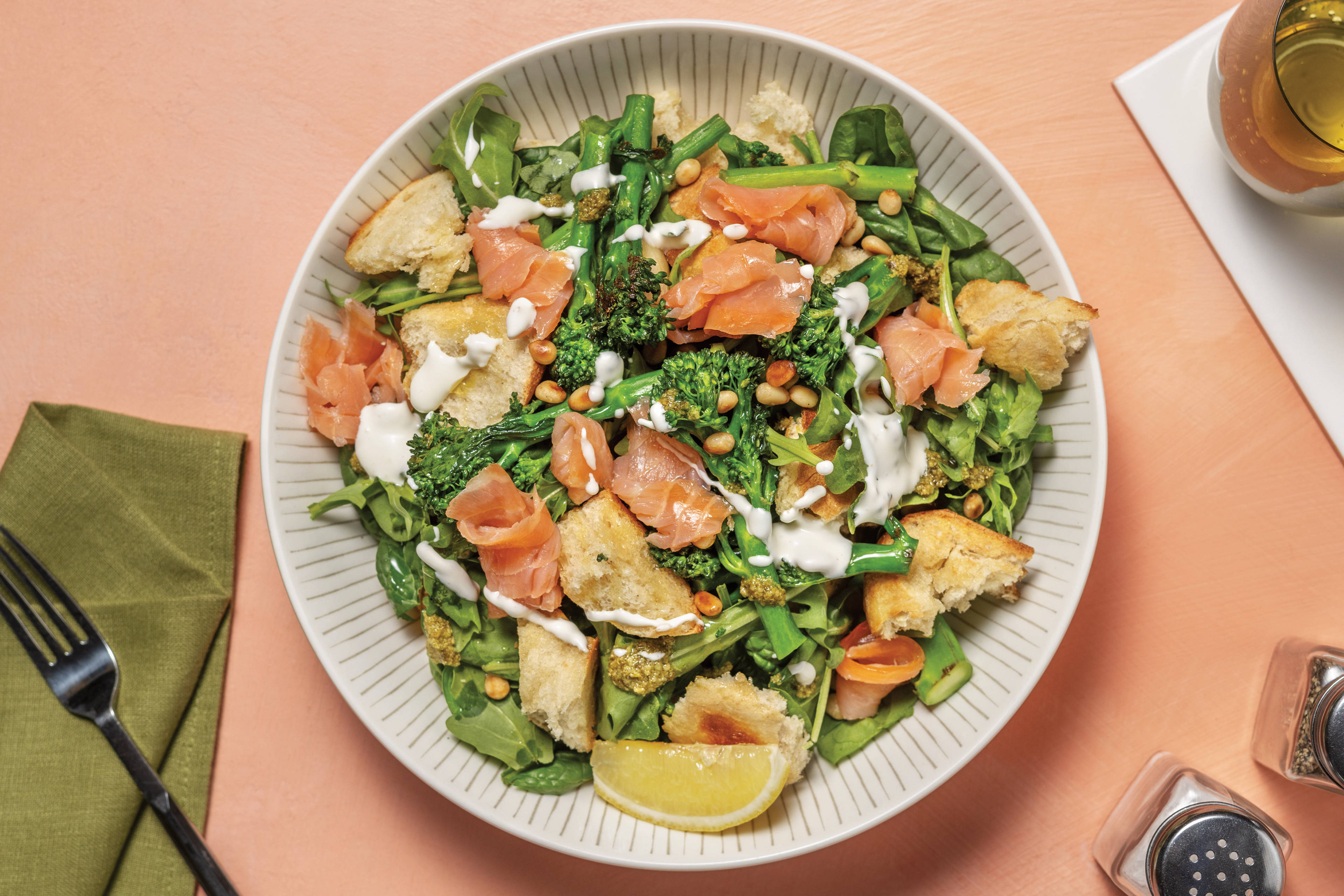 Smoked Salmon & Baby Broccoli Salad with Croutons & Pesto