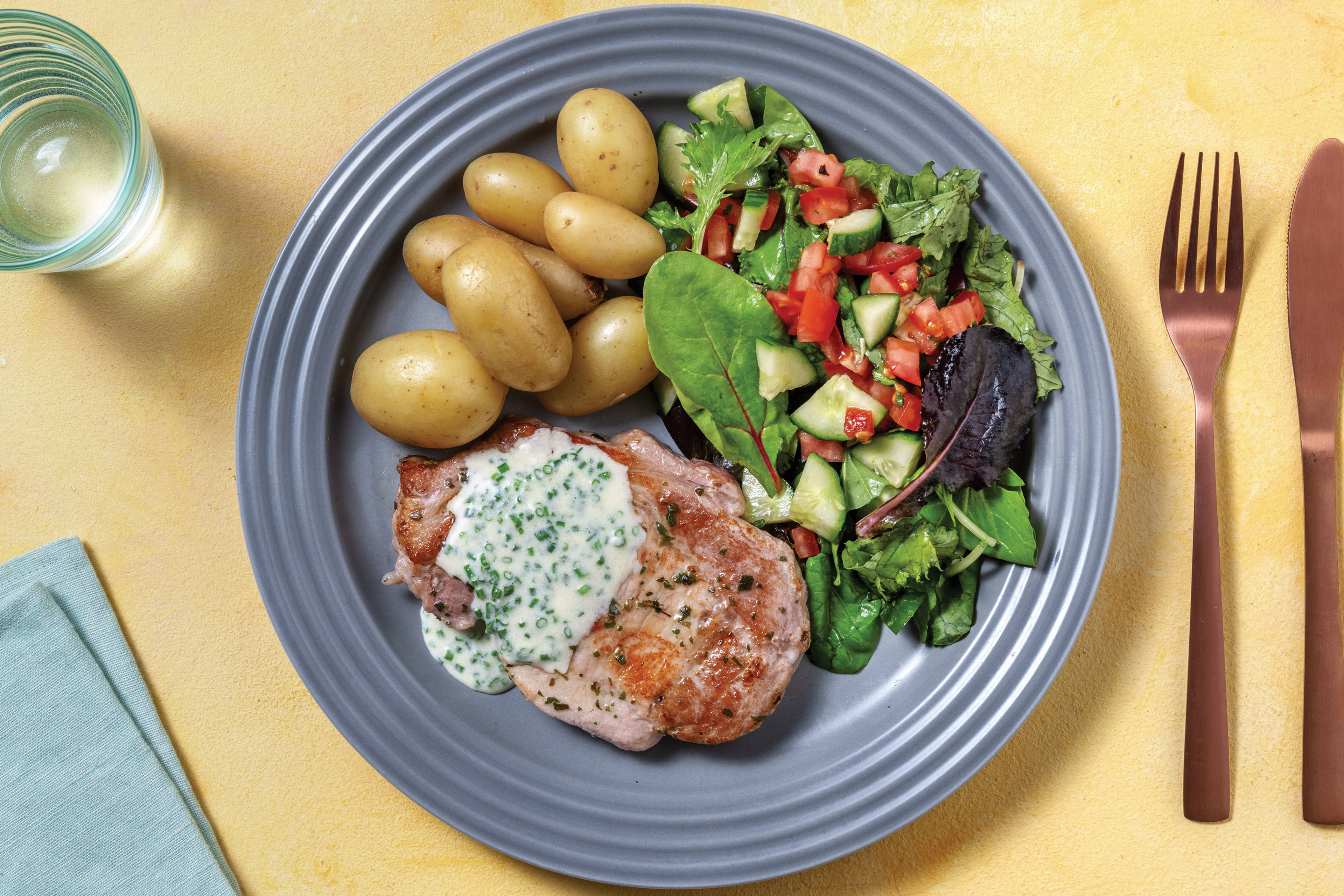 Spiced Pork & Cheesy Herb Sauce with Potatoes