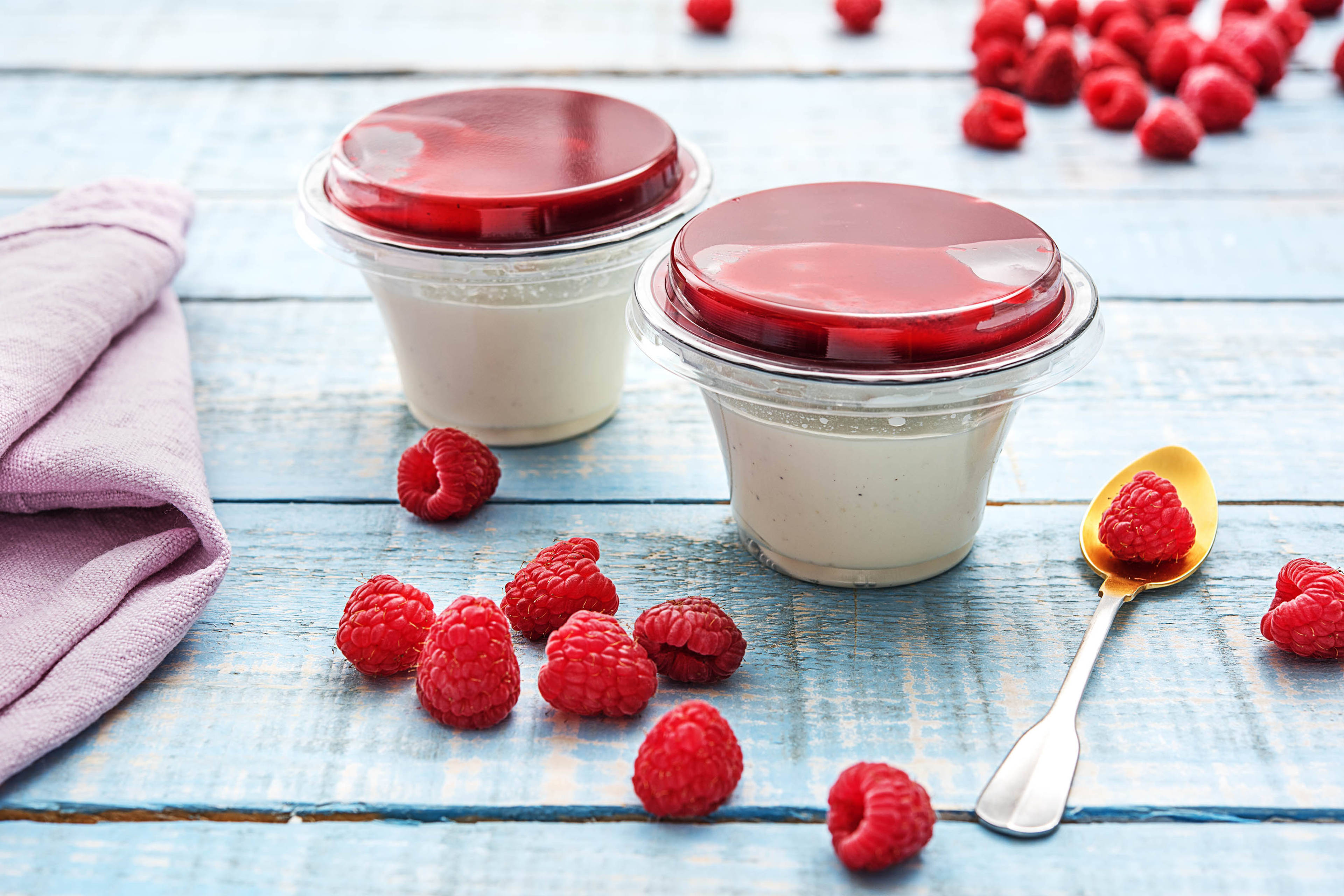 Panna cotta avec des framboises fraîches
